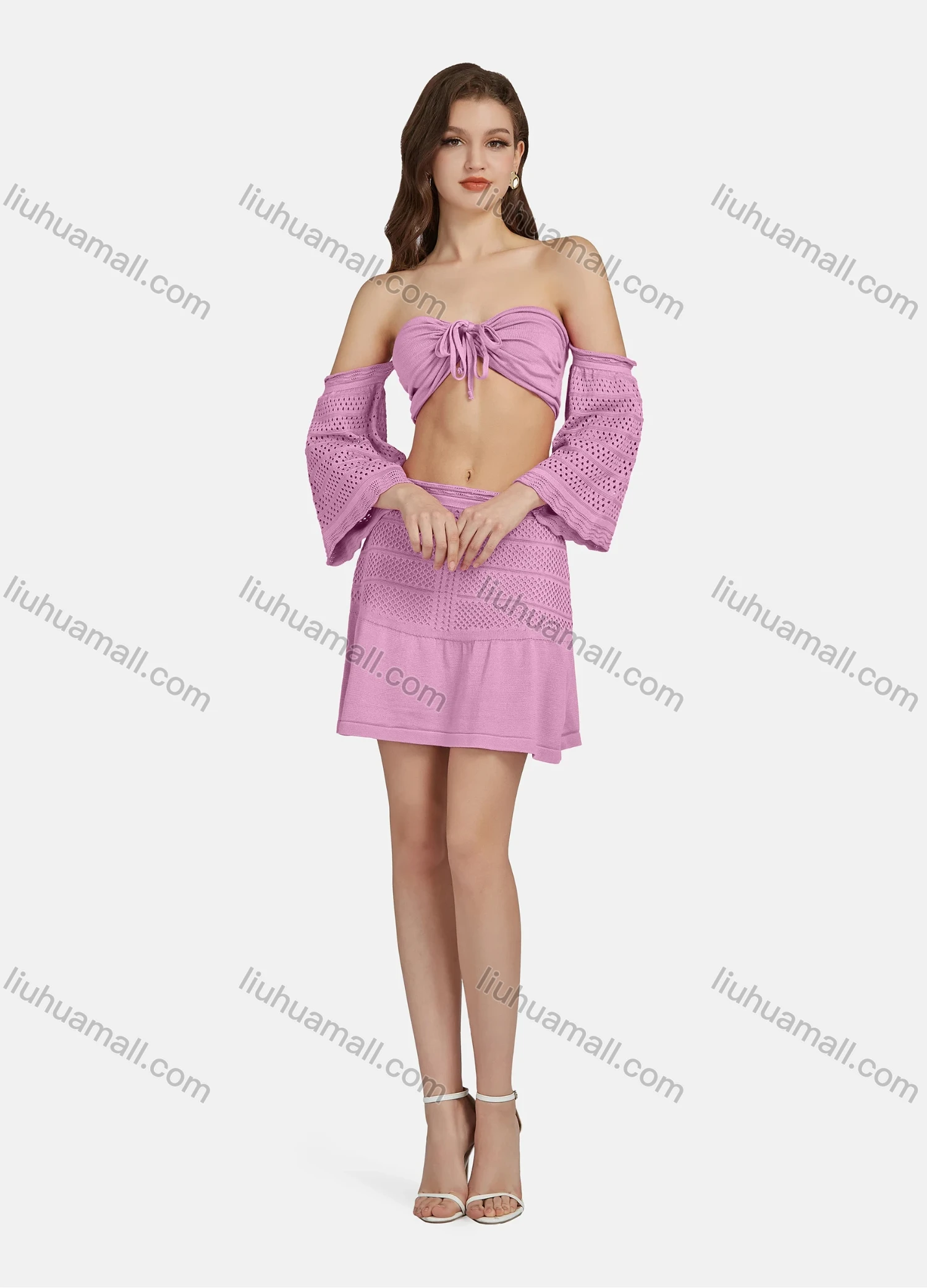 Wholesale Women's Sexy Lace Up Half Sleeve Chest Top 2-piece Set AF0044# - Liuhuamall