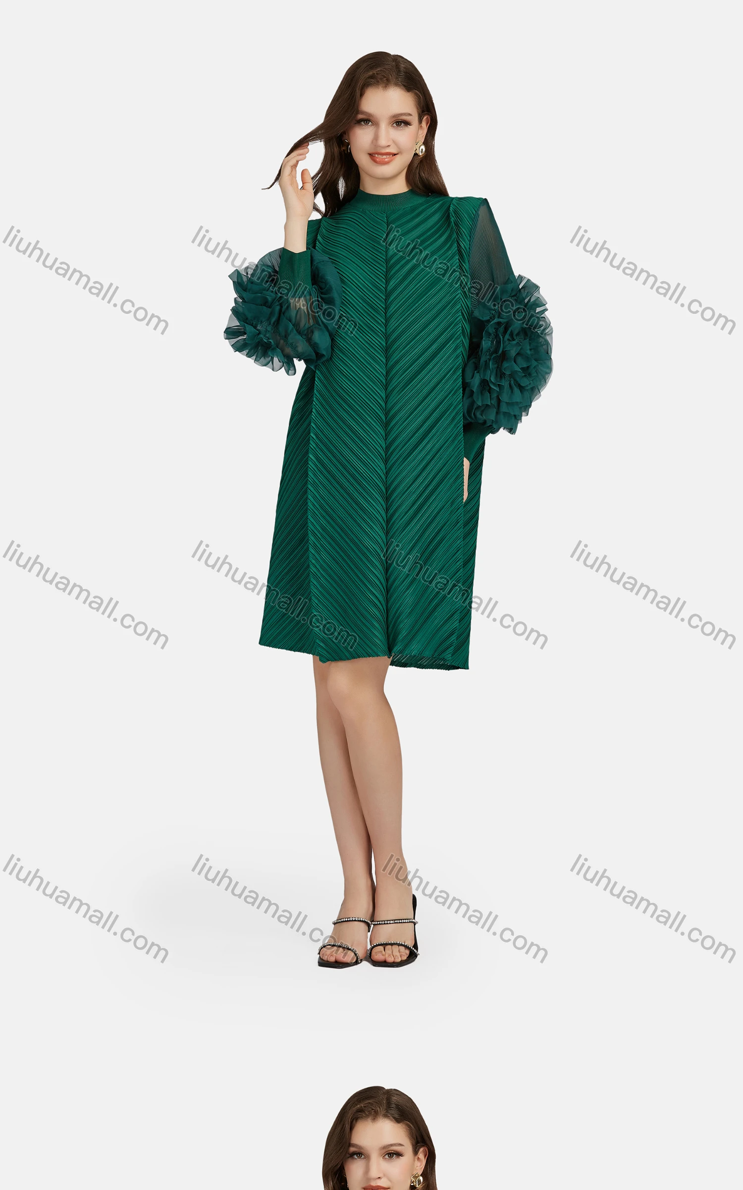 Wholesale Women's Fashion Shirred Mock Neck 3D Floral Long Sleeve Chiffon Dress - Liuhuamall