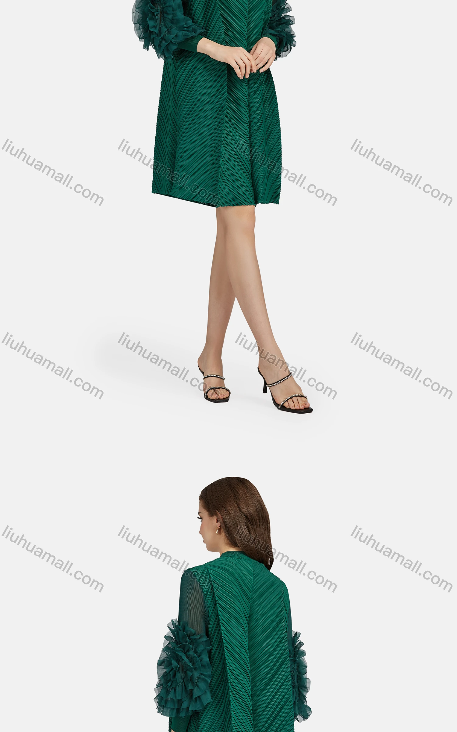 Wholesale Women's Fashion Shirred Mock Neck 3D Floral Long Sleeve Chiffon Dress - Liuhuamall