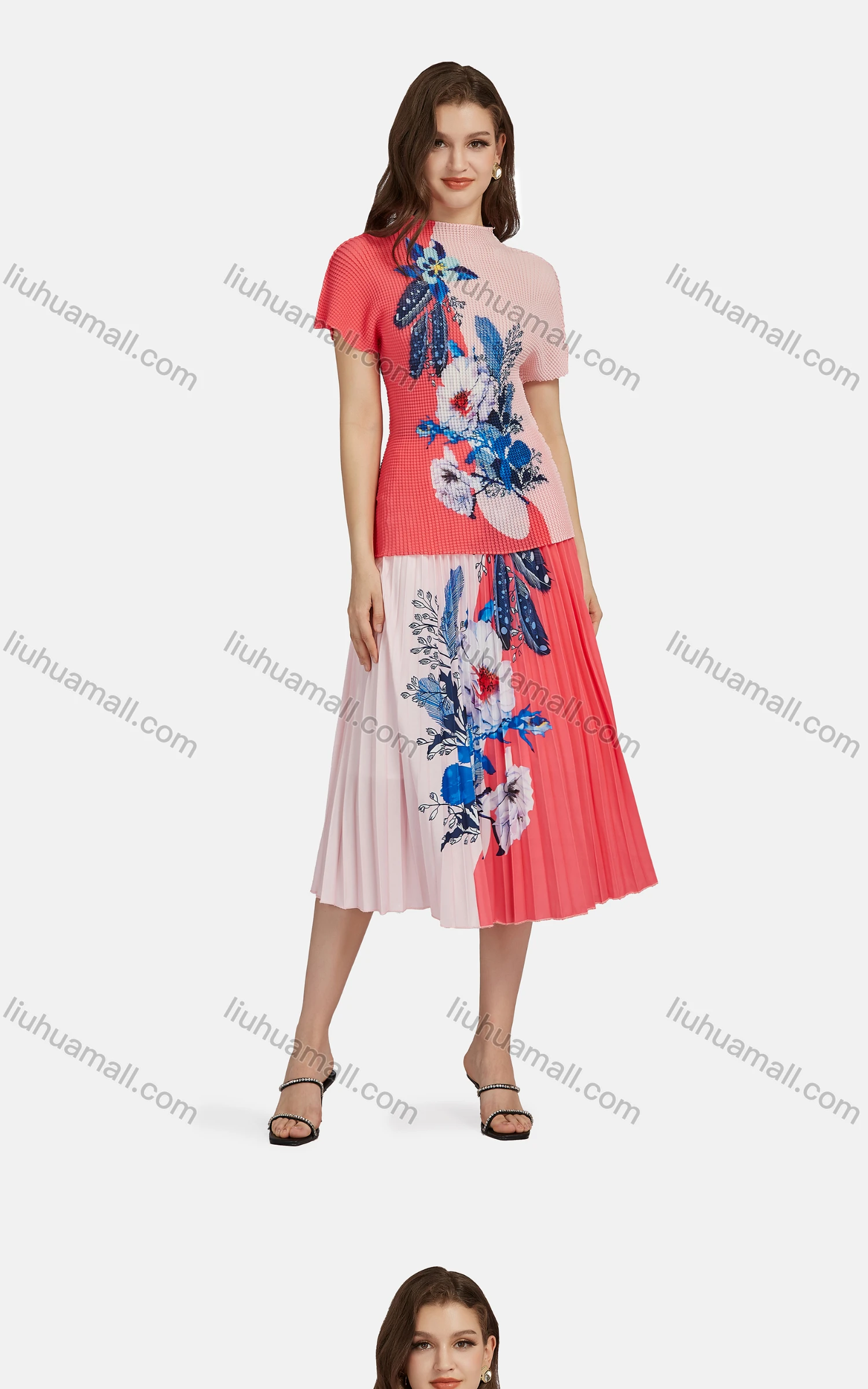Wholesale Women's Elegant Mock Neck Floral Short Sleeve Chiffon Top 2-piece Set - Liuhuamall