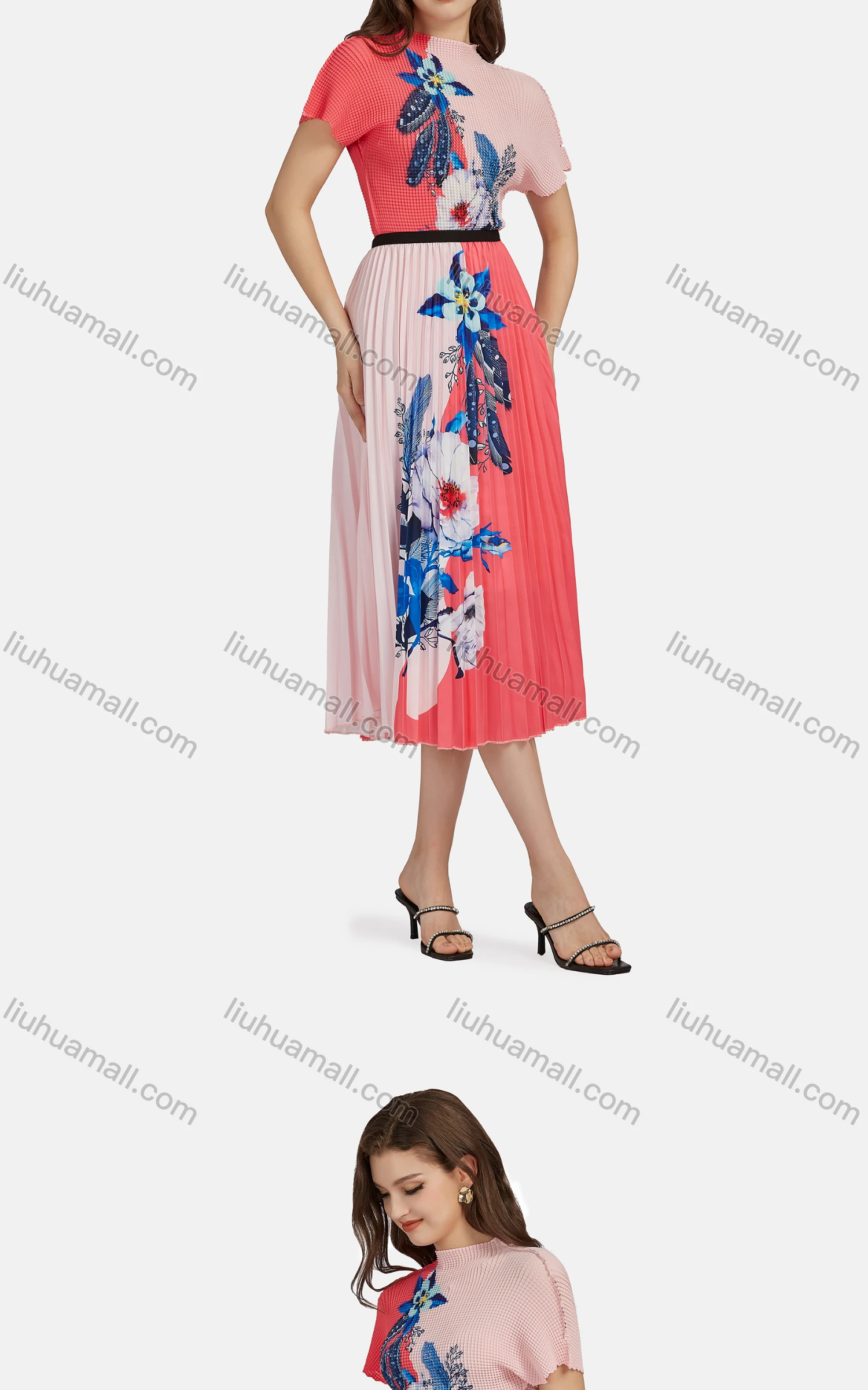 Wholesale Women's Elegant Mock Neck Floral Short Sleeve Chiffon Top 2-piece Set - Liuhuamall
