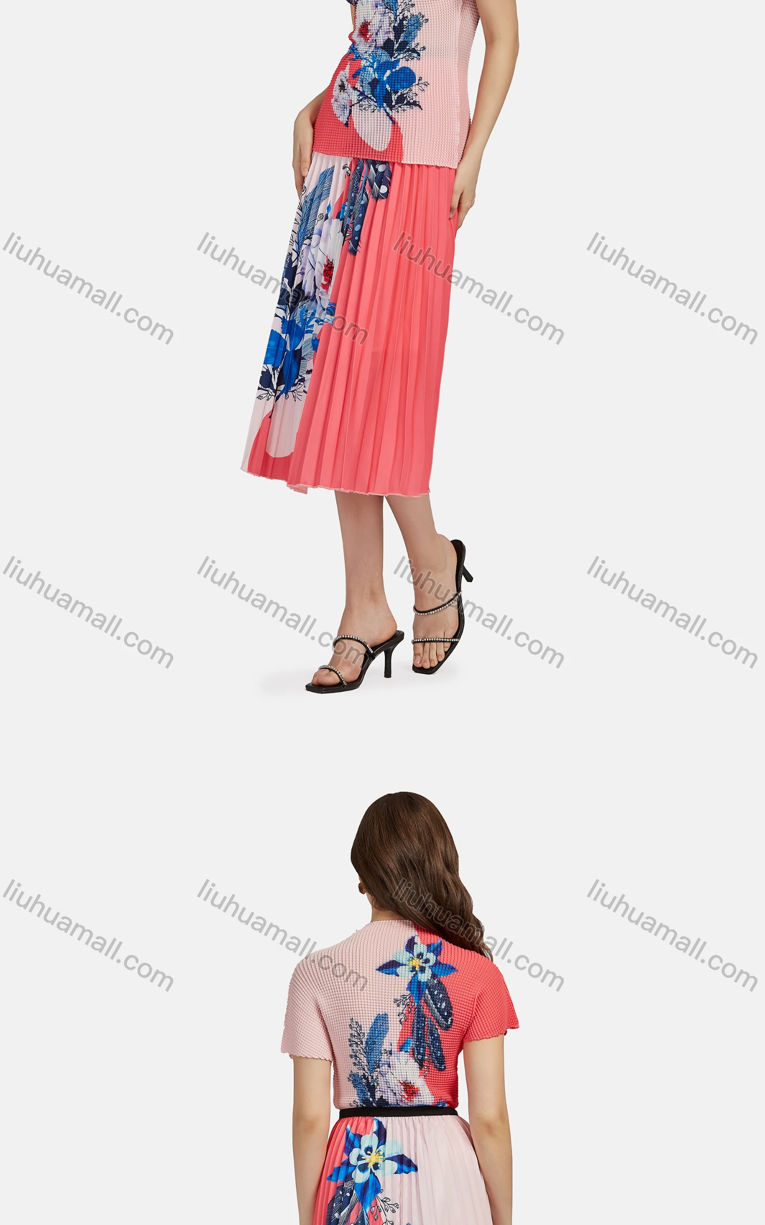 Wholesale Women's Elegant Mock Neck Floral Short Sleeve Chiffon Top 2-piece Set - Liuhuamall