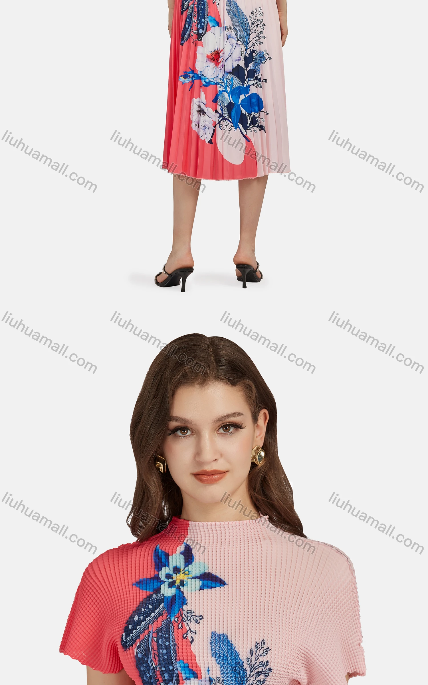 Wholesale Women's Elegant Mock Neck Floral Short Sleeve Chiffon Top 2-piece Set - Liuhuamall