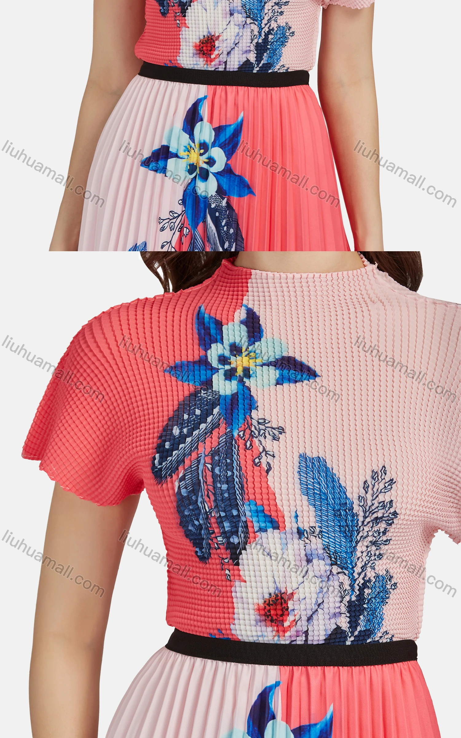 Wholesale Women's Elegant Mock Neck Floral Short Sleeve Chiffon Top 2-piece Set - Liuhuamall