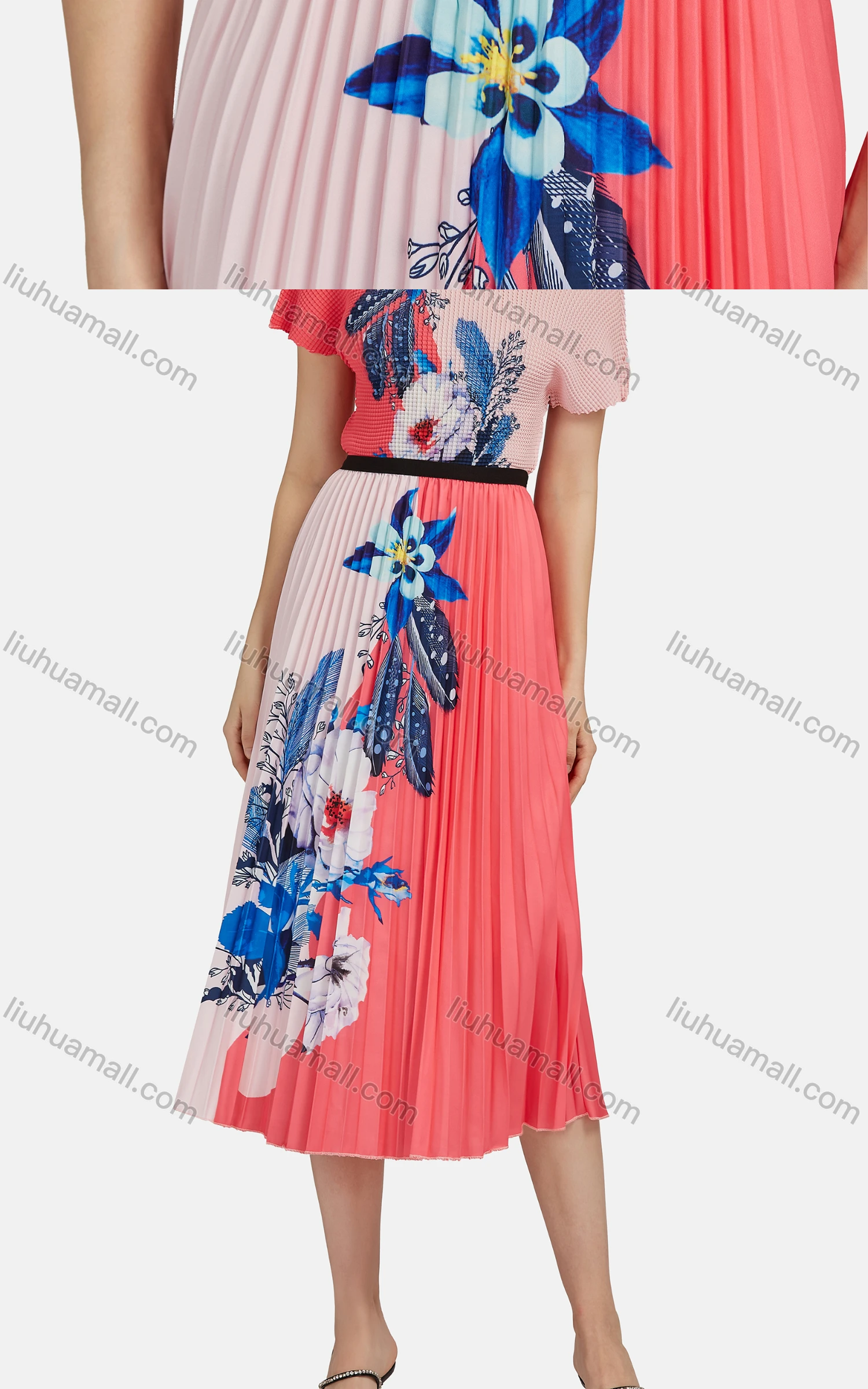 Wholesale Women's Elegant Mock Neck Floral Short Sleeve Chiffon Top 2-piece Set - Liuhuamall
