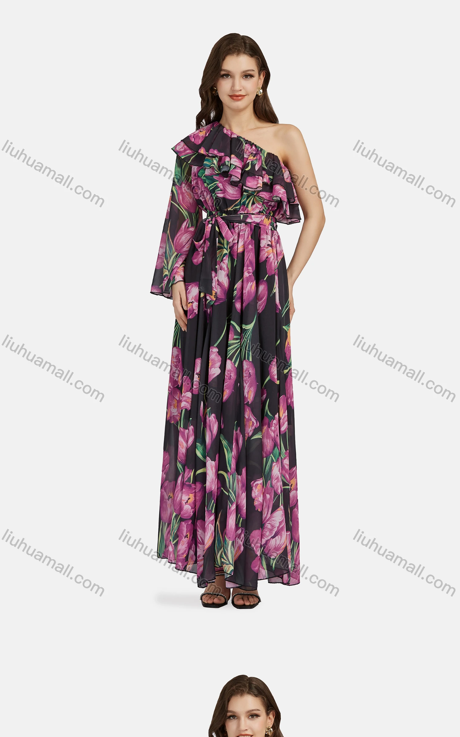 Wholesale Women's Elegant One Shoulder Floral Lace Up Ruffle Trim Chiffon Maxi Dress - Liuhuamall