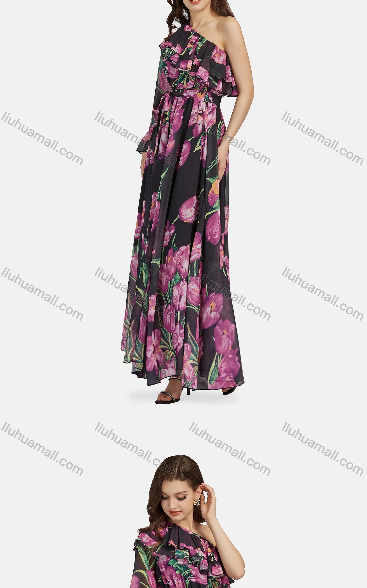 Wholesale Women's Elegant One Shoulder Floral Lace Up Ruffle Trim Chiffon Maxi Dress - Liuhuamall