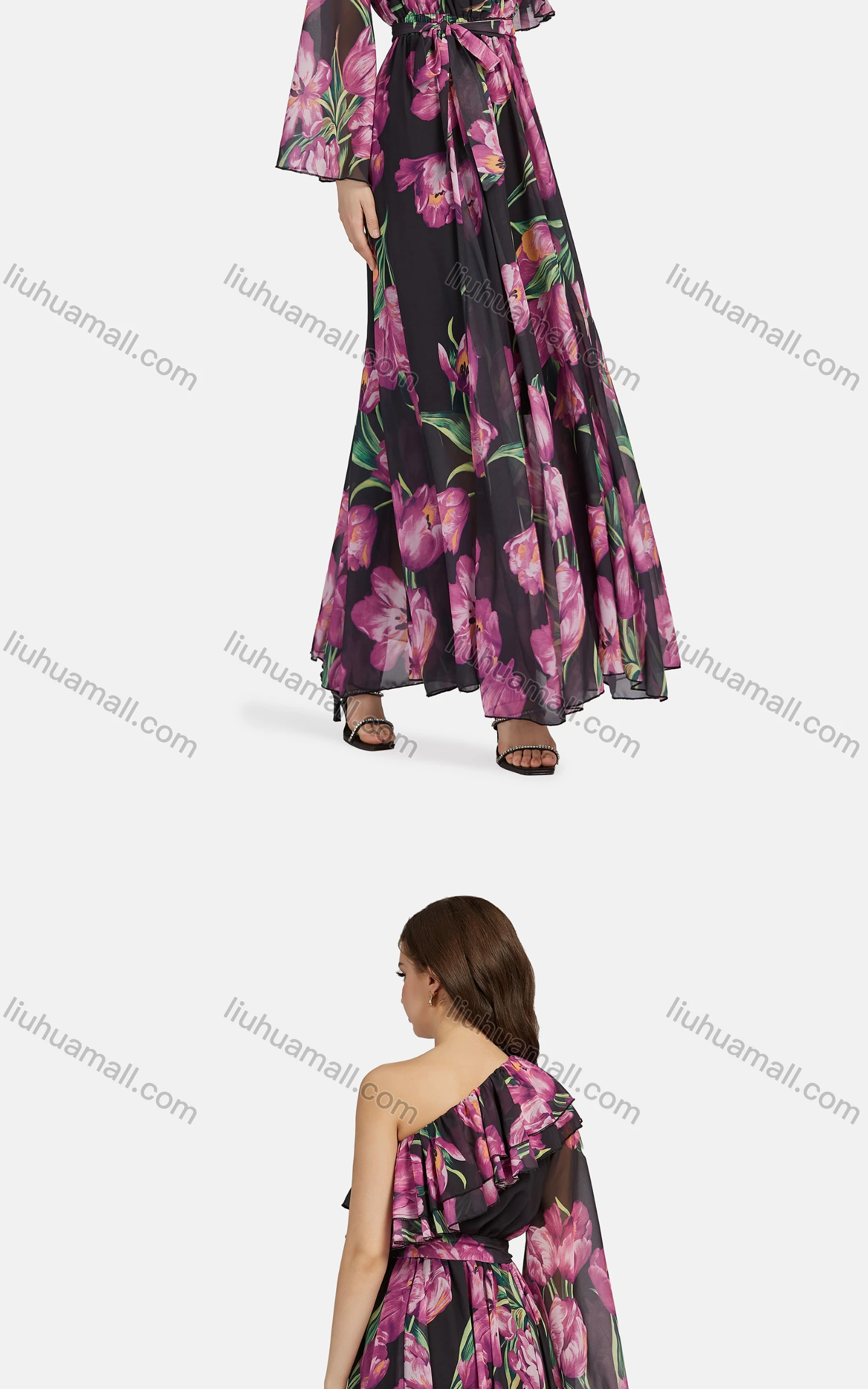 Wholesale Women's Elegant One Shoulder Floral Lace Up Ruffle Trim Chiffon Maxi Dress - Liuhuamall