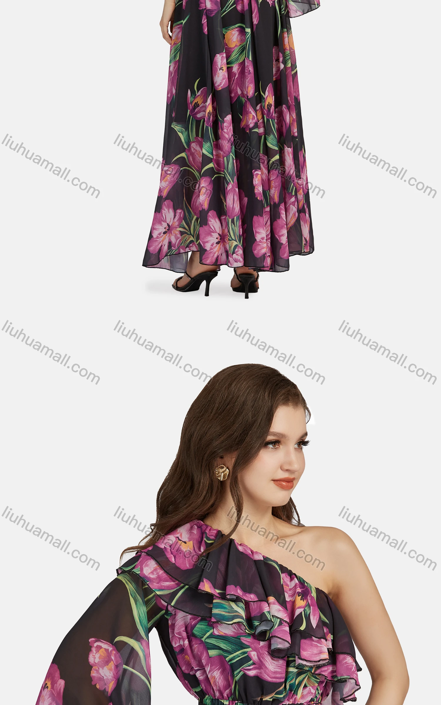 Wholesale Women's Elegant One Shoulder Floral Lace Up Ruffle Trim Chiffon Maxi Dress - Liuhuamall