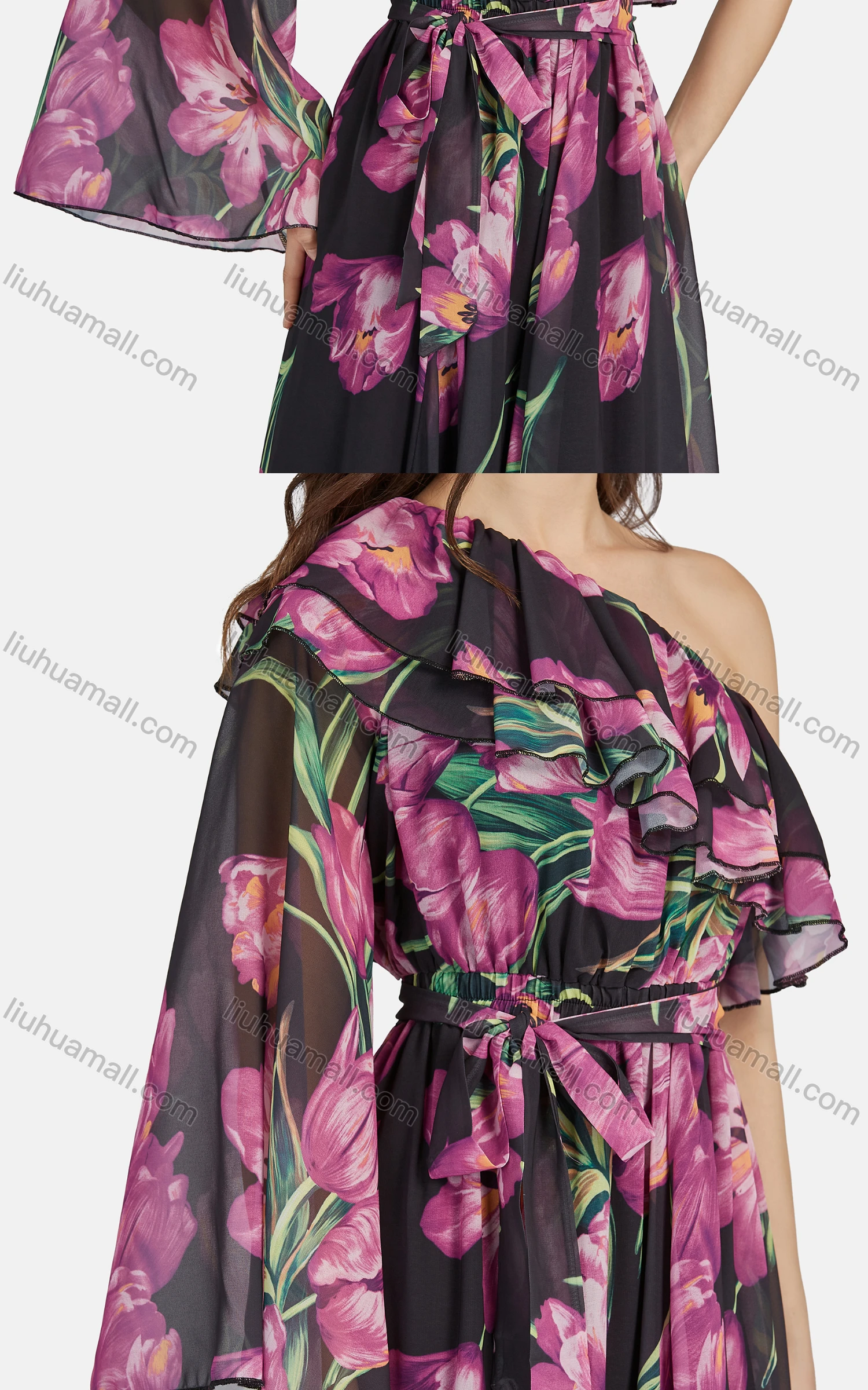 Wholesale Women's Elegant One Shoulder Floral Lace Up Ruffle Trim Chiffon Maxi Dress - Liuhuamall