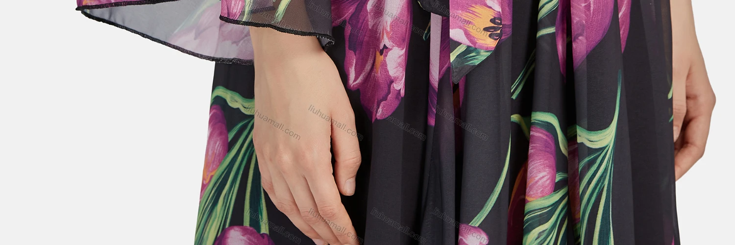 Wholesale Women's Elegant One Shoulder Floral Lace Up Ruffle Trim Chiffon Maxi Dress - Liuhuamall