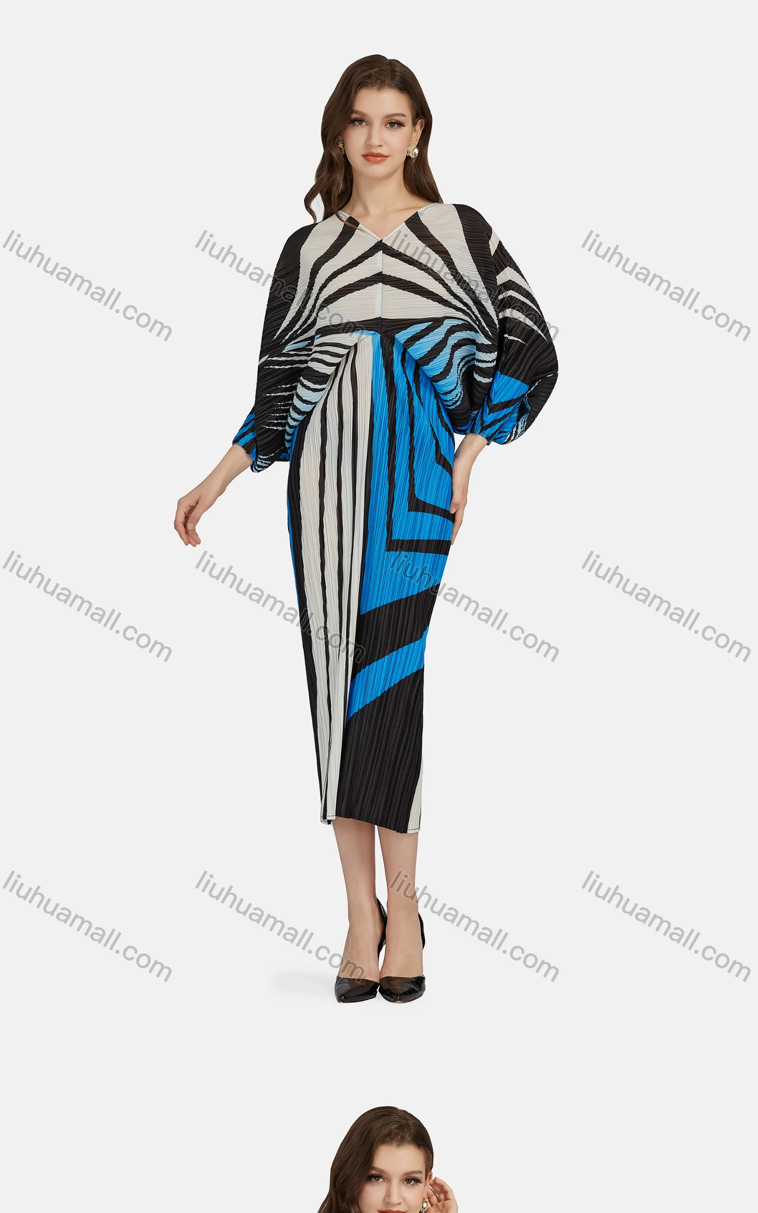 Wholesale Women's Fashion Zebra Stripe V Neck Long Sleeve High Waist Shirred Midi Dress - Liuhuamall