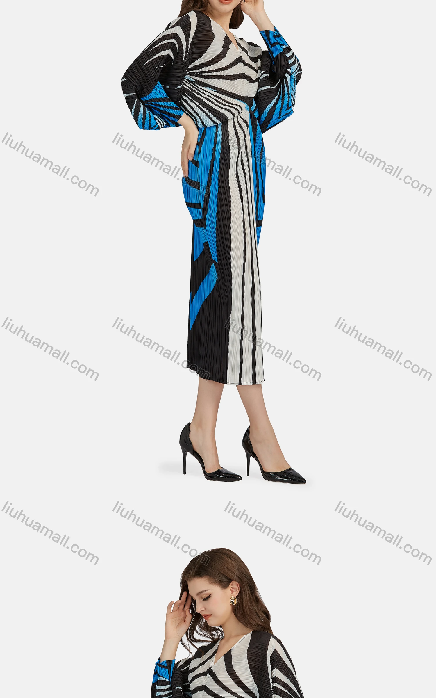Wholesale Women's Fashion Zebra Stripe V Neck Long Sleeve High Waist Shirred Midi Dress - Liuhuamall