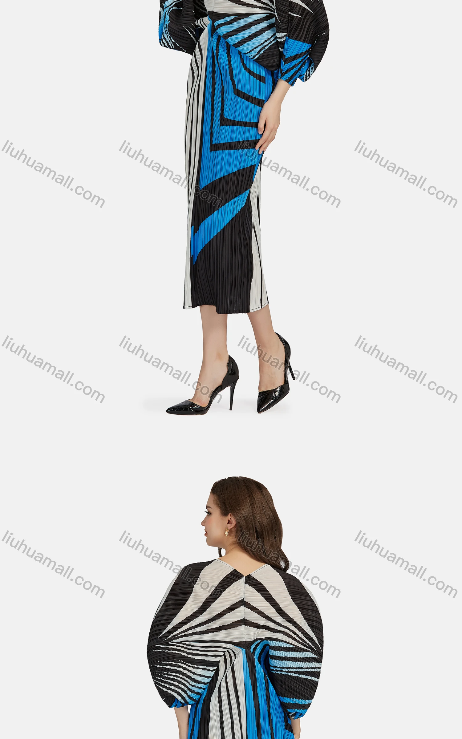 Wholesale Women's Fashion Zebra Stripe V Neck Long Sleeve High Waist Shirred Midi Dress - Liuhuamall