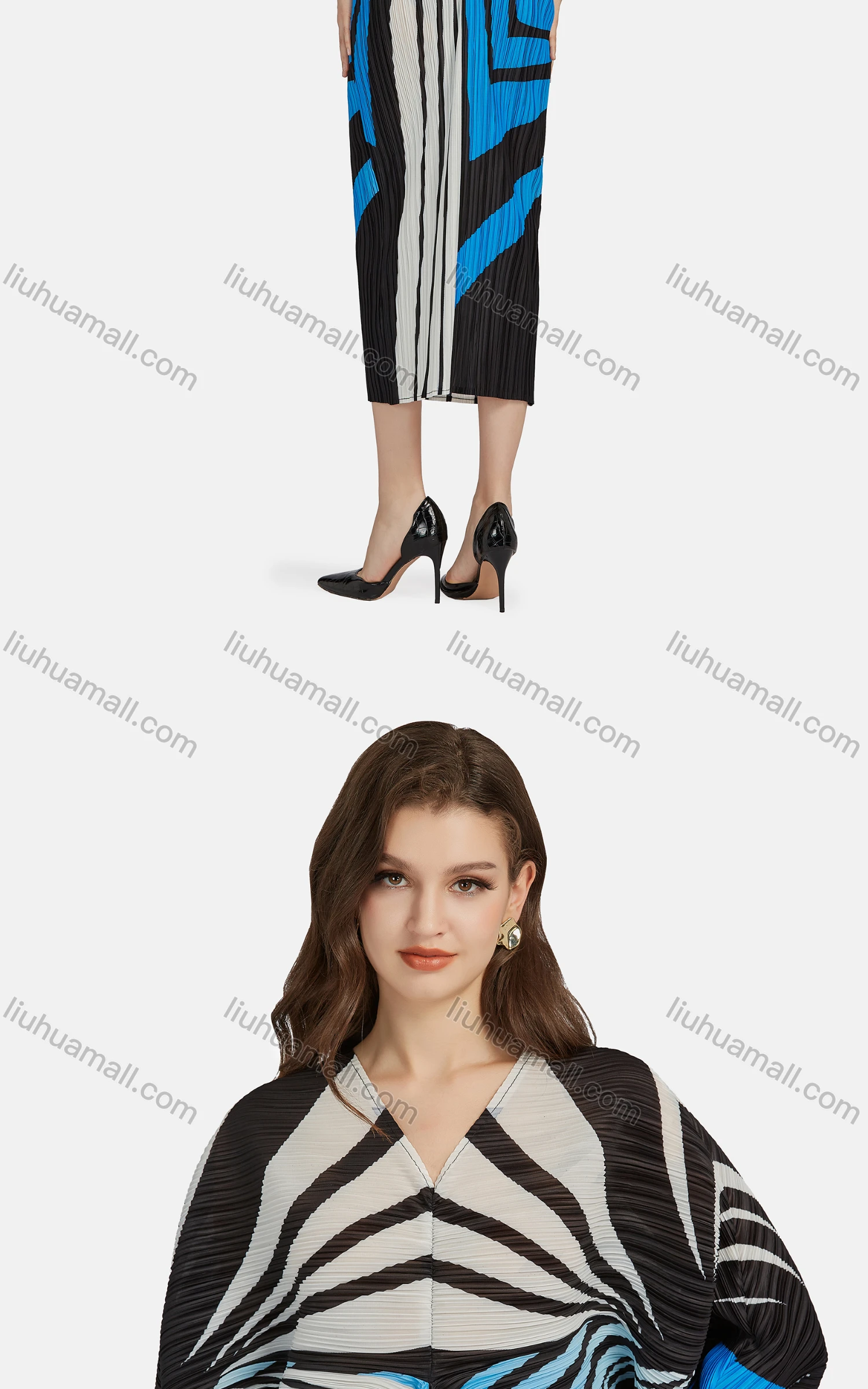 Wholesale Women's Fashion Zebra Stripe V Neck Long Sleeve High Waist Shirred Midi Dress - Liuhuamall