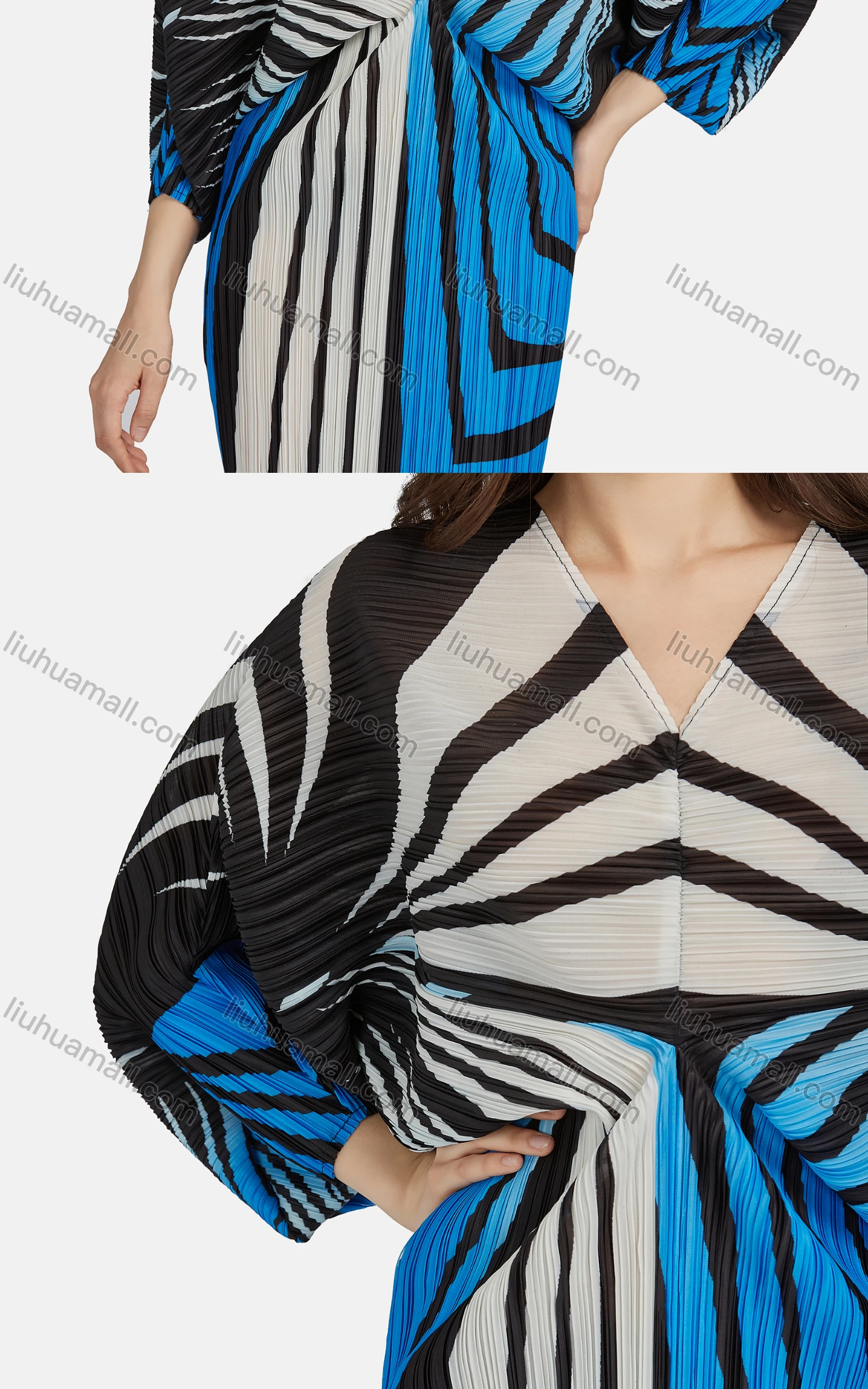 Wholesale Women's Fashion Zebra Stripe V Neck Long Sleeve High Waist Shirred Midi Dress - Liuhuamall