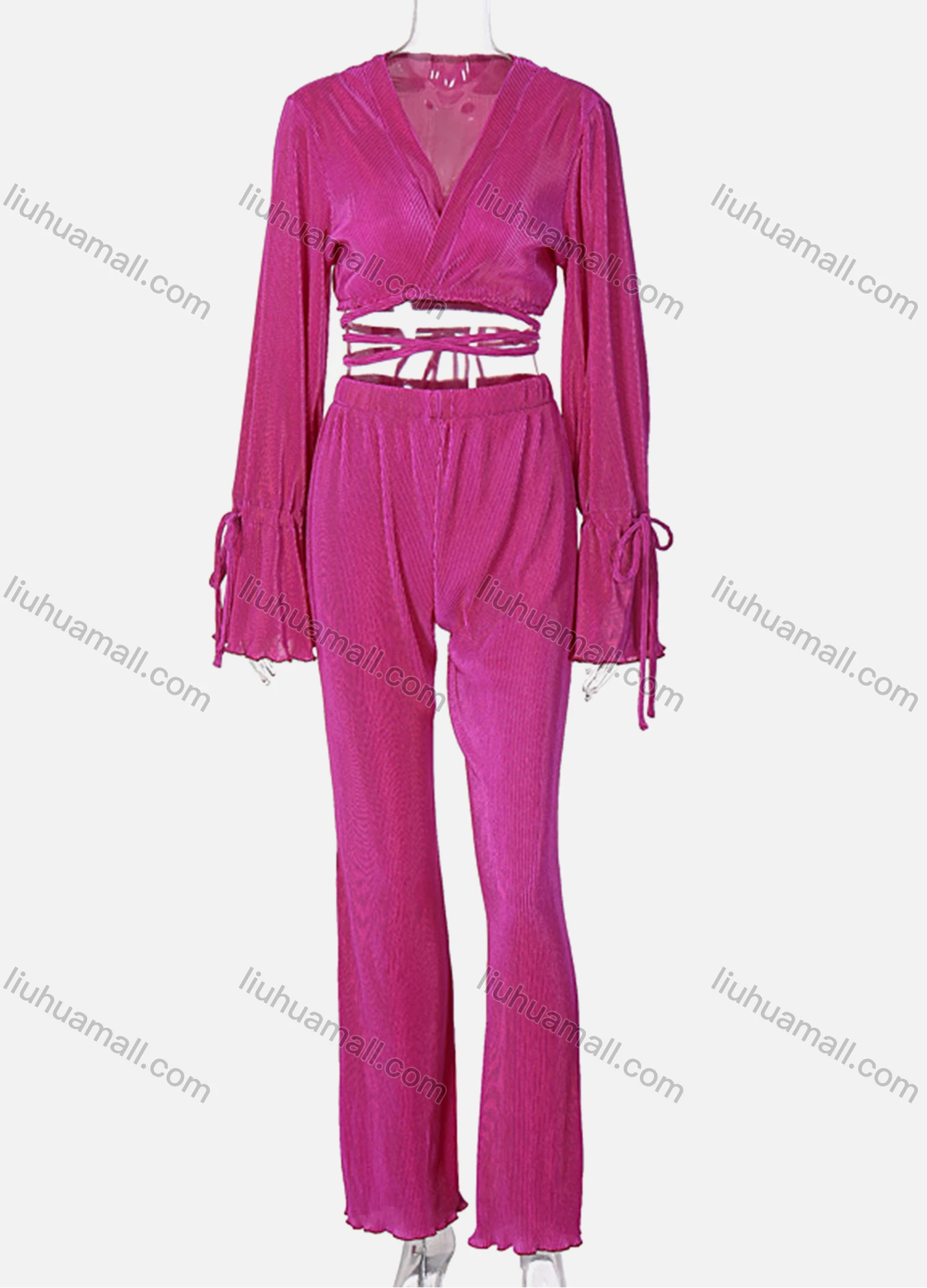 Wholesale Women's Fashion Plain Wrap V Neck Long Sleeve Lace Up Top & High Waist Ruffle Leg Ankle Length Pants 2 Piece Set - Liuhuamall