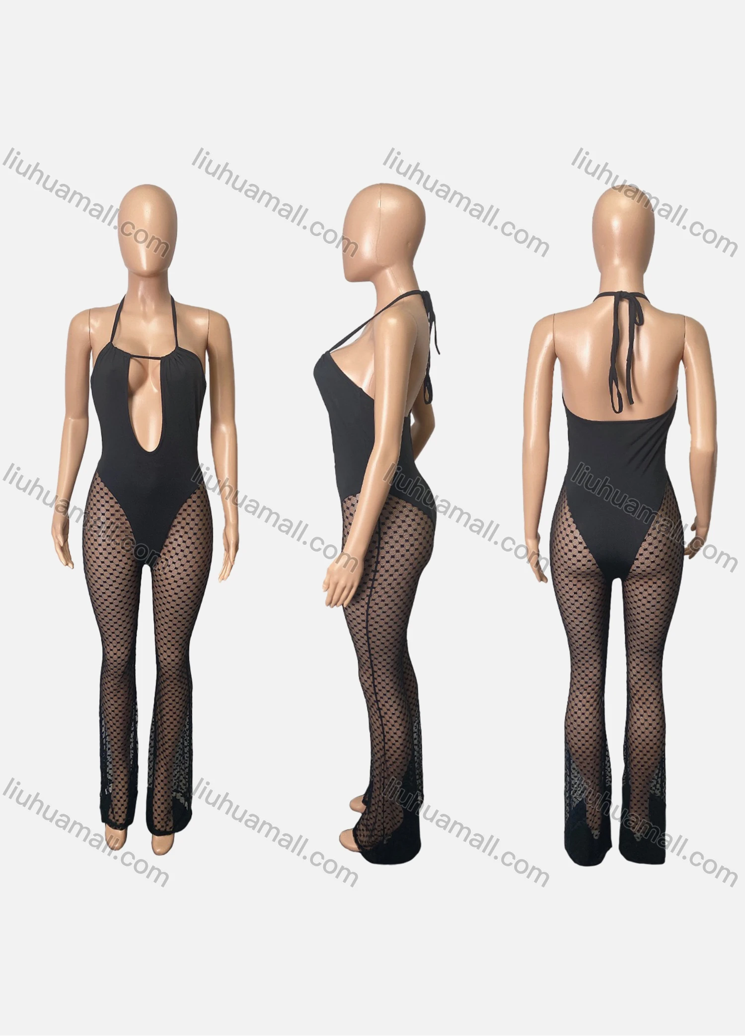 Wholesale Women's Sexy Lace Up Cut Out Backless Semi-sheer Halter Bodysuit - Liuhuamall