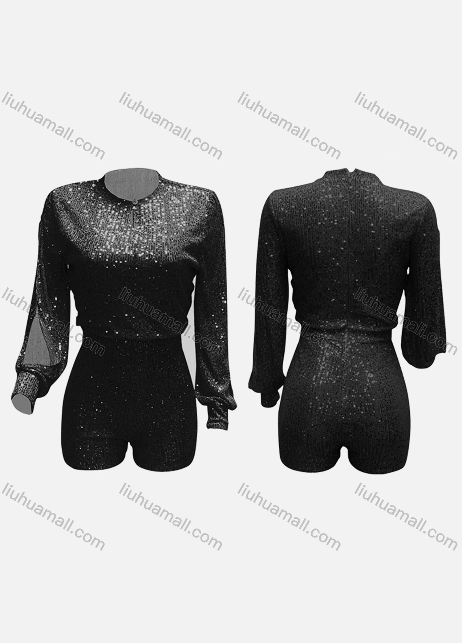 Wholesale Women's Fashion Sequin Keyhole Round Neck Cut out Long Sleeve High Waist Cocktail Rompers - Liuhuamall