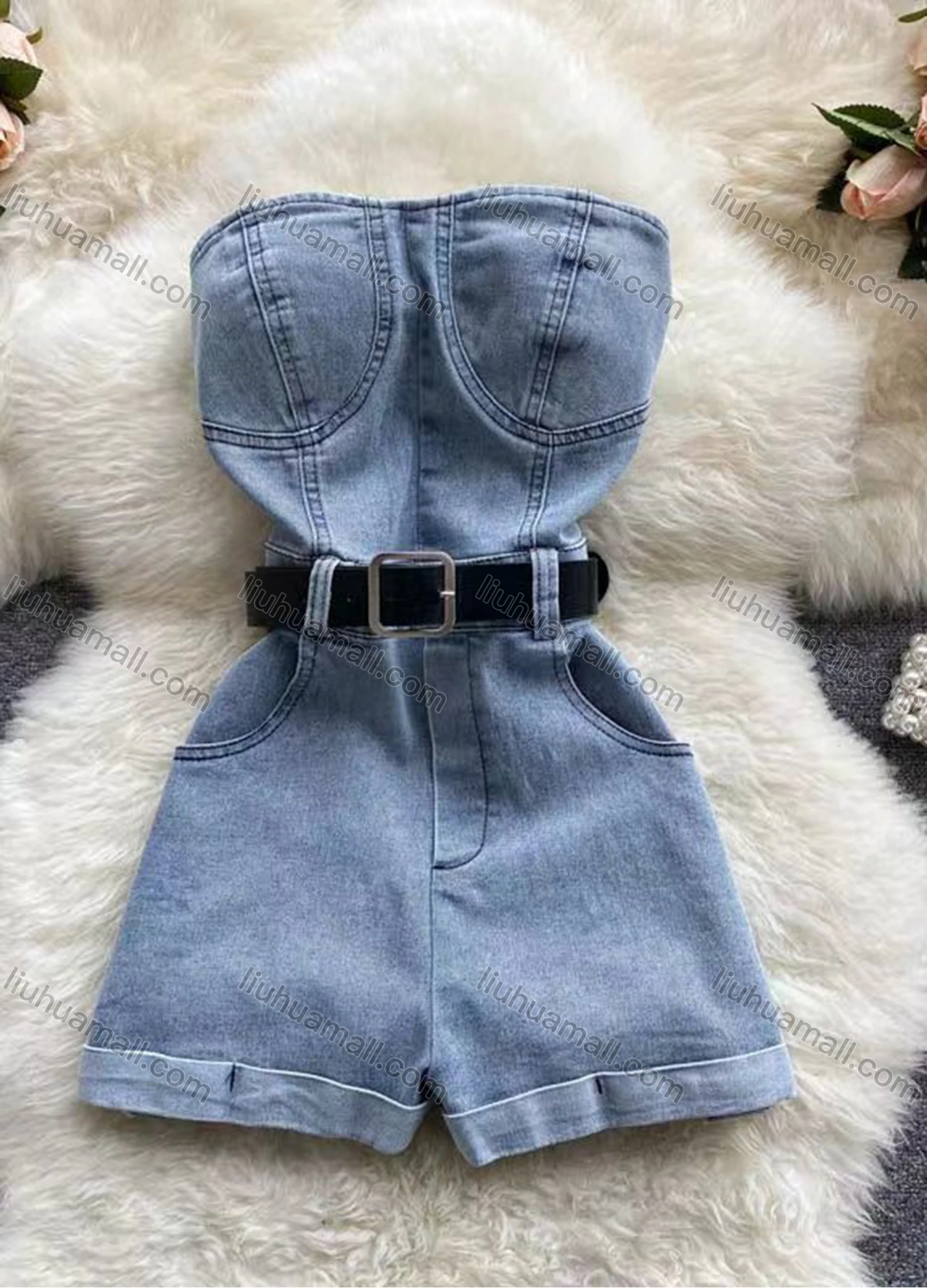Wholesale Women's Sexy Plain Strapless Side Pockets Denim Romper With Belt - Liuhuamall