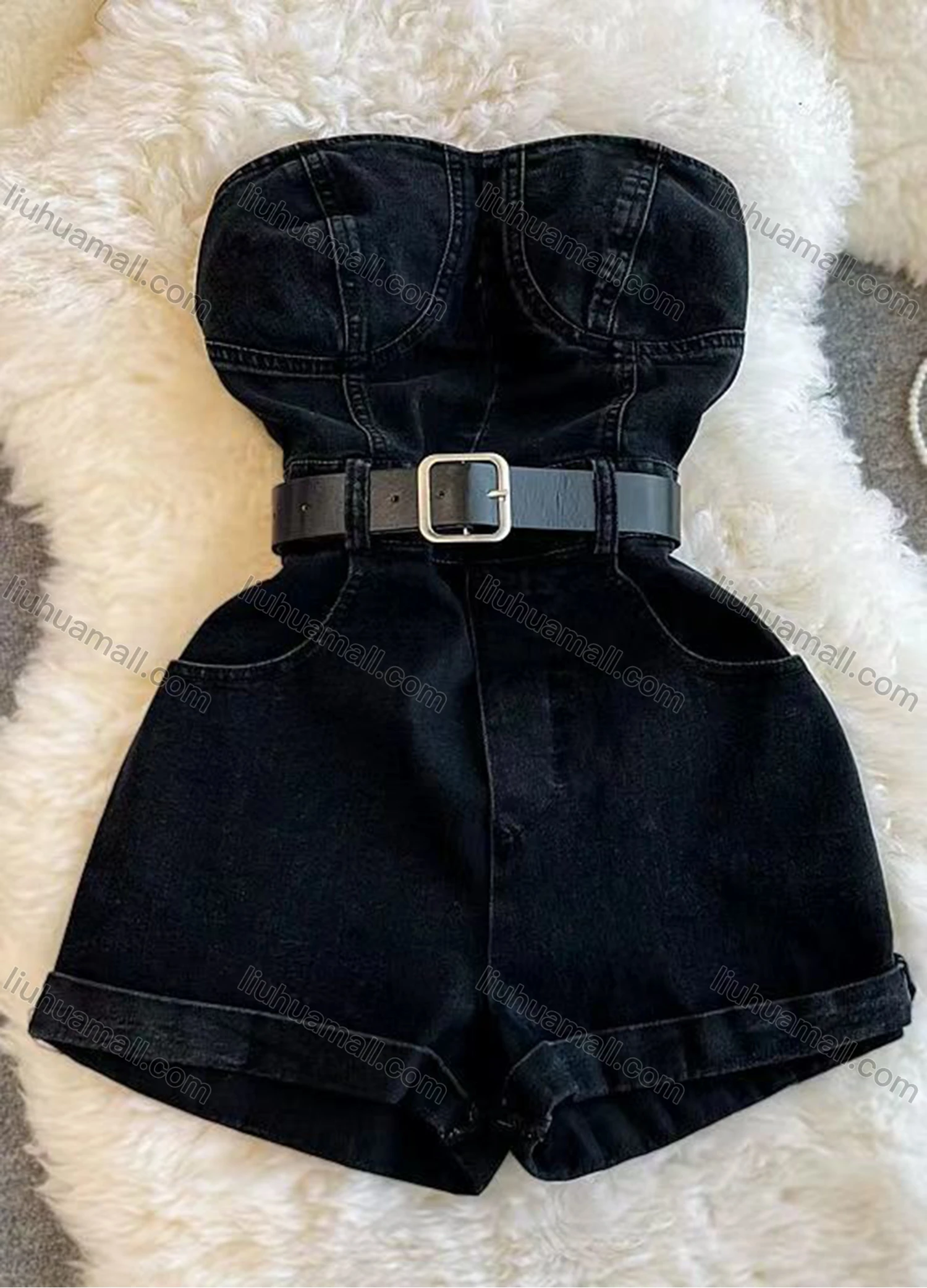 Wholesale Women's Sexy Plain Strapless Side Pockets Denim Romper With Belt - Liuhuamall