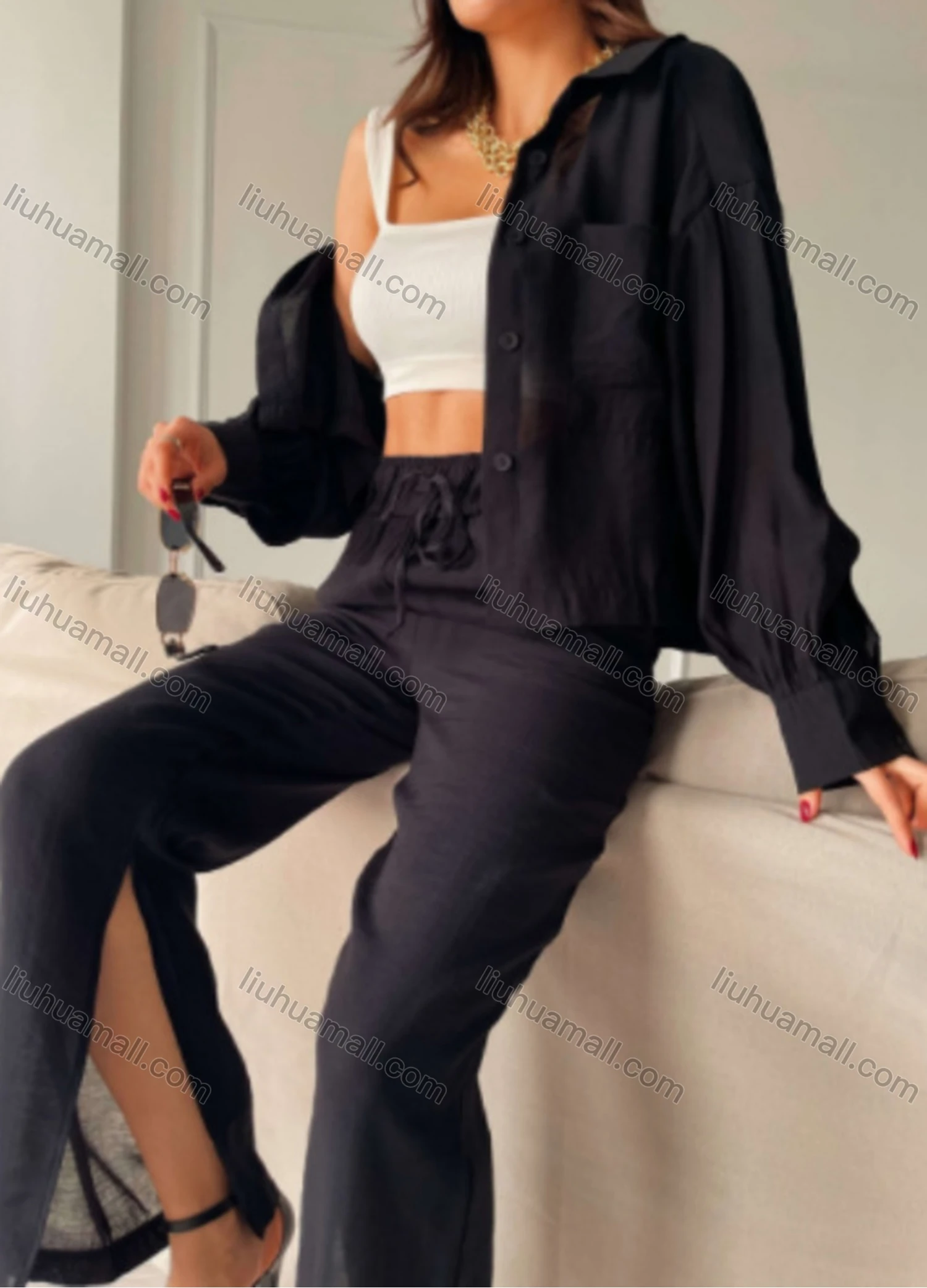 Wholesale Women's Fashion Plain Long Sleeve Patch Pocket Shirt & Drawstring Split Hem Ankle Length Pants 2 Piece Set - Liuhuamall