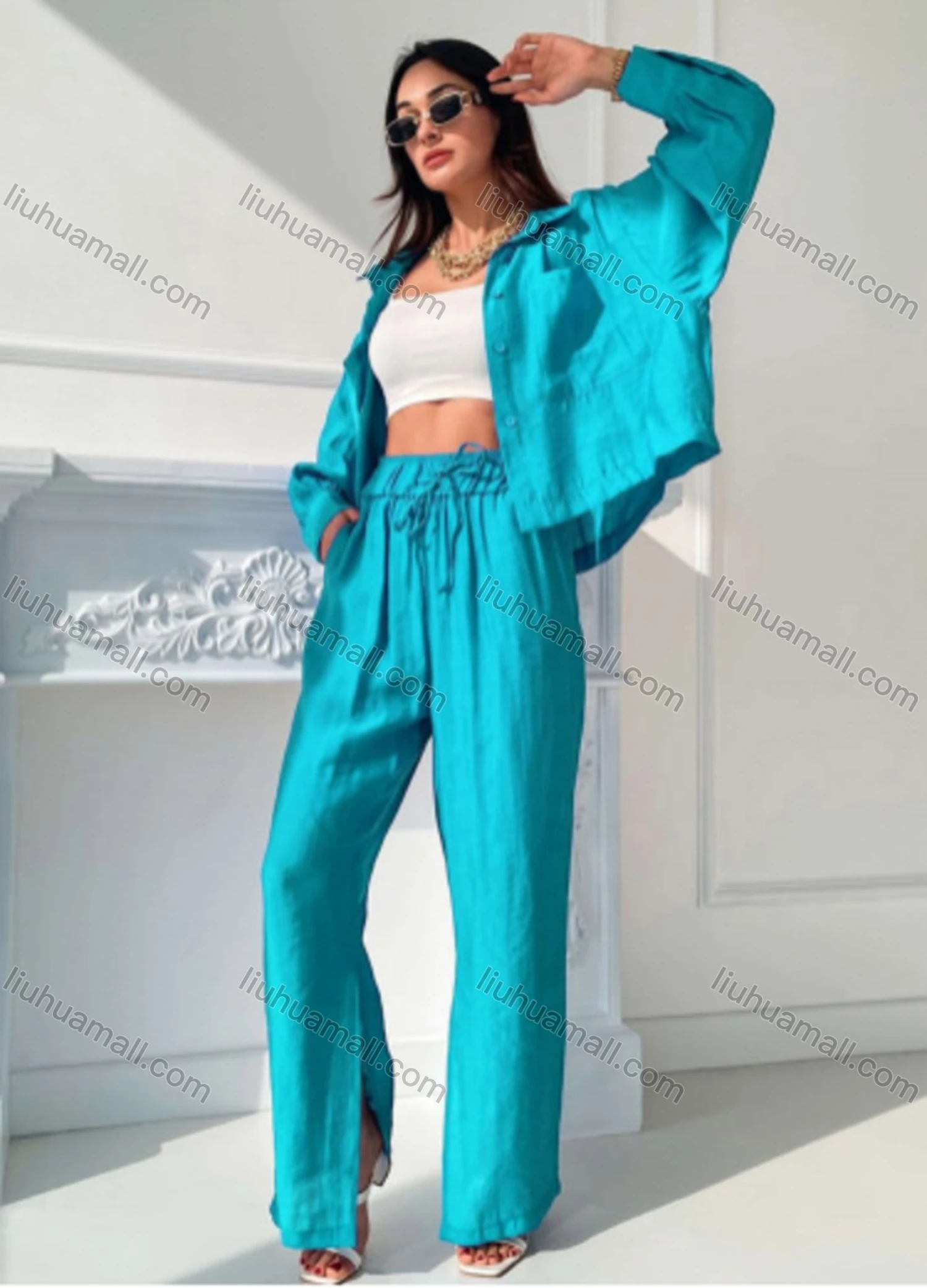 Wholesale Women's Fashion Plain Long Sleeve Patch Pocket Shirt & Drawstring Split Hem Ankle Length Pants 2 Piece Set - Liuhuamall