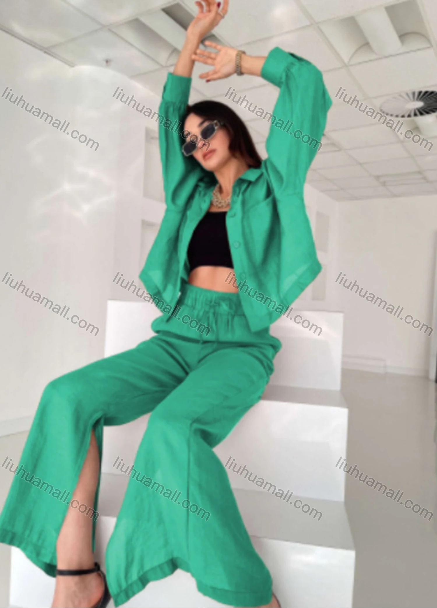 Wholesale Women's Fashion Plain Long Sleeve Patch Pocket Shirt & Drawstring Split Hem Ankle Length Pants 2 Piece Set - Liuhuamall