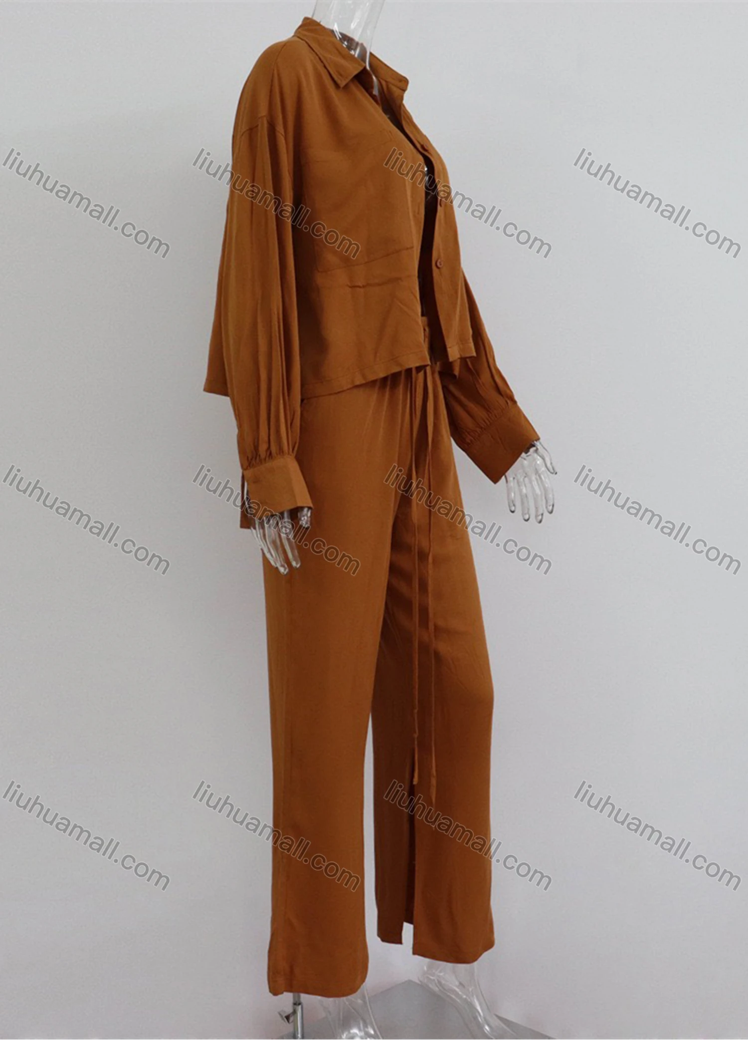 Wholesale Women's Fashion Plain Long Sleeve Patch Pocket Shirt & Drawstring Split Hem Ankle Length Pants 2 Piece Set - Liuhuamall