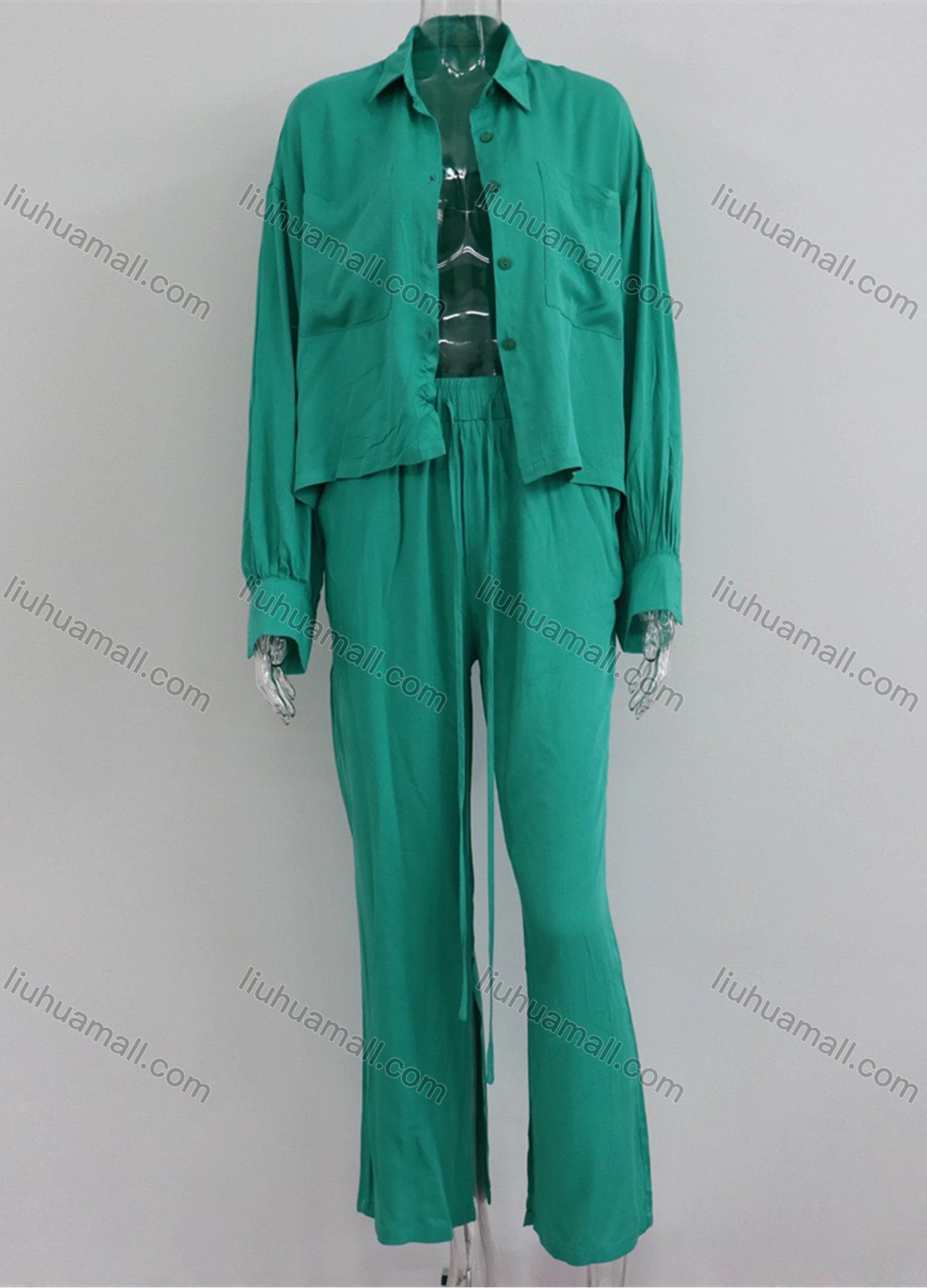 Wholesale Women's Fashion Plain Long Sleeve Patch Pocket Shirt & Drawstring Split Hem Ankle Length Pants 2 Piece Set - Liuhuamall