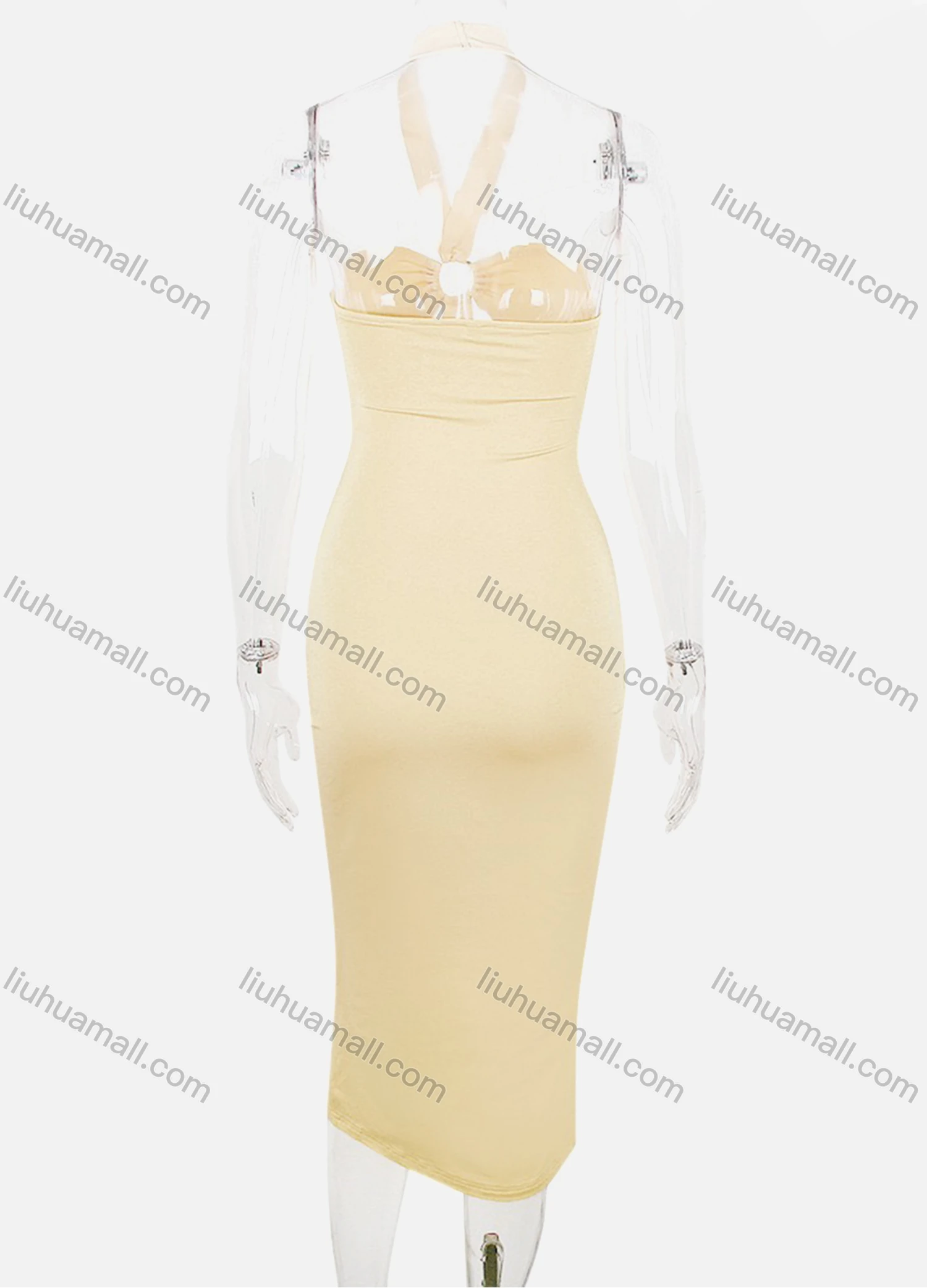 Wholesale Women's Nigh Club Sexy Plain Cut Out Ruched Drawstring Split Side Bodycon Midi Halter Dress - Liuhuamall