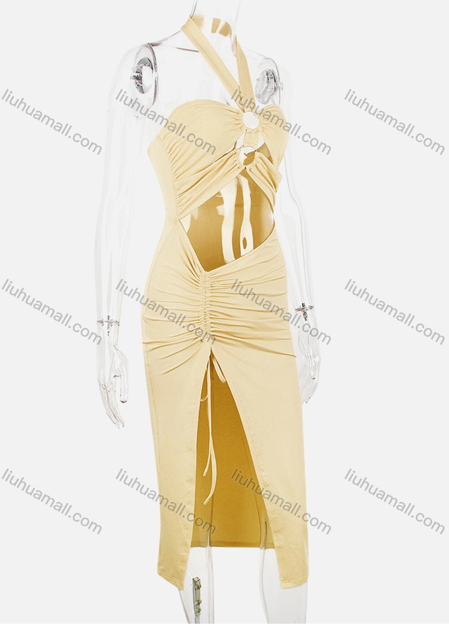 Wholesale Women's Nigh Club Sexy Plain Cut Out Ruched Drawstring Split Side Bodycon Midi Halter Dress - Liuhuamall