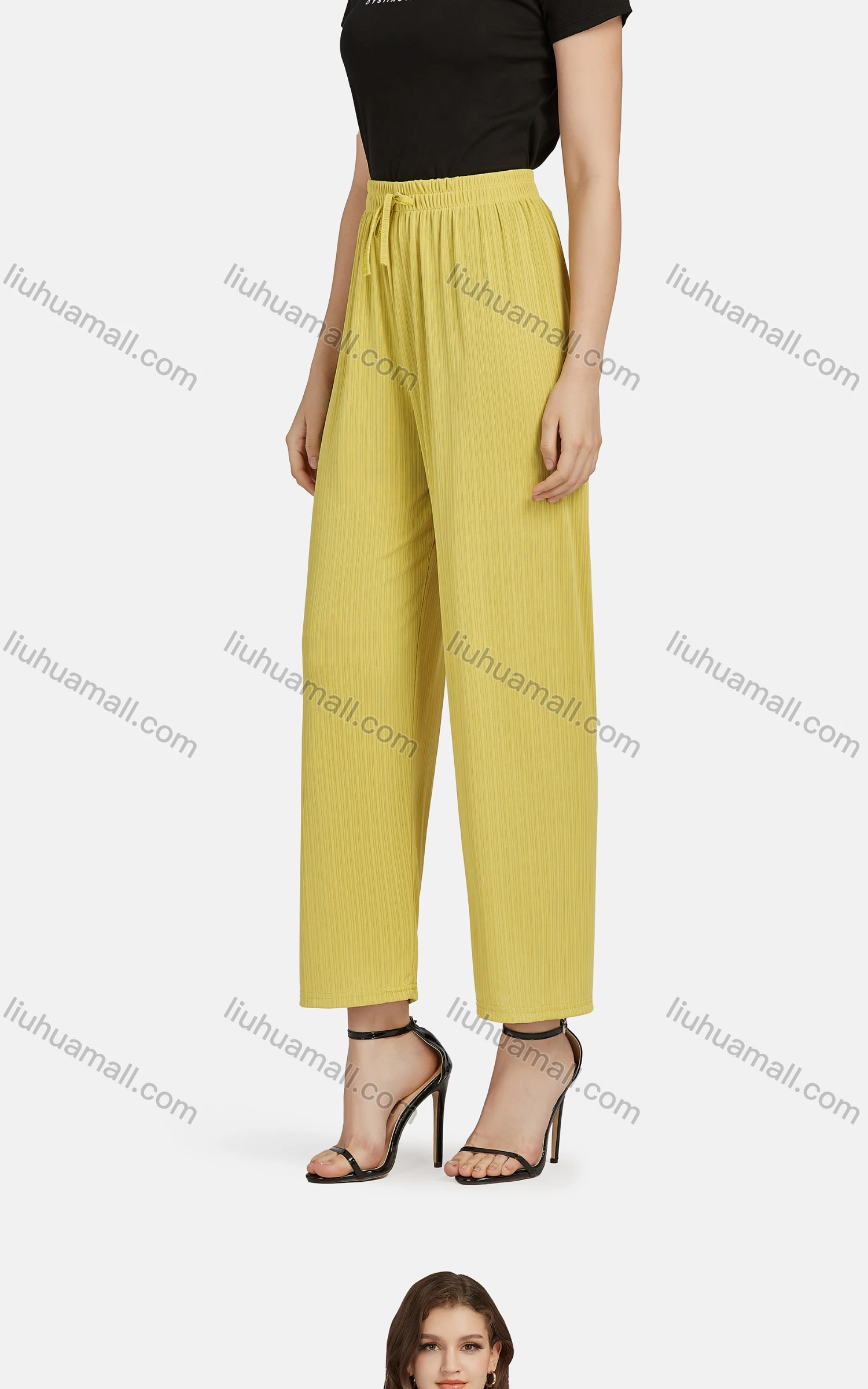 Wholesale Women's Casual High Waist Drawstring Rib-Knit Plain Wide Leg Pants 2017# - Liuhuamall