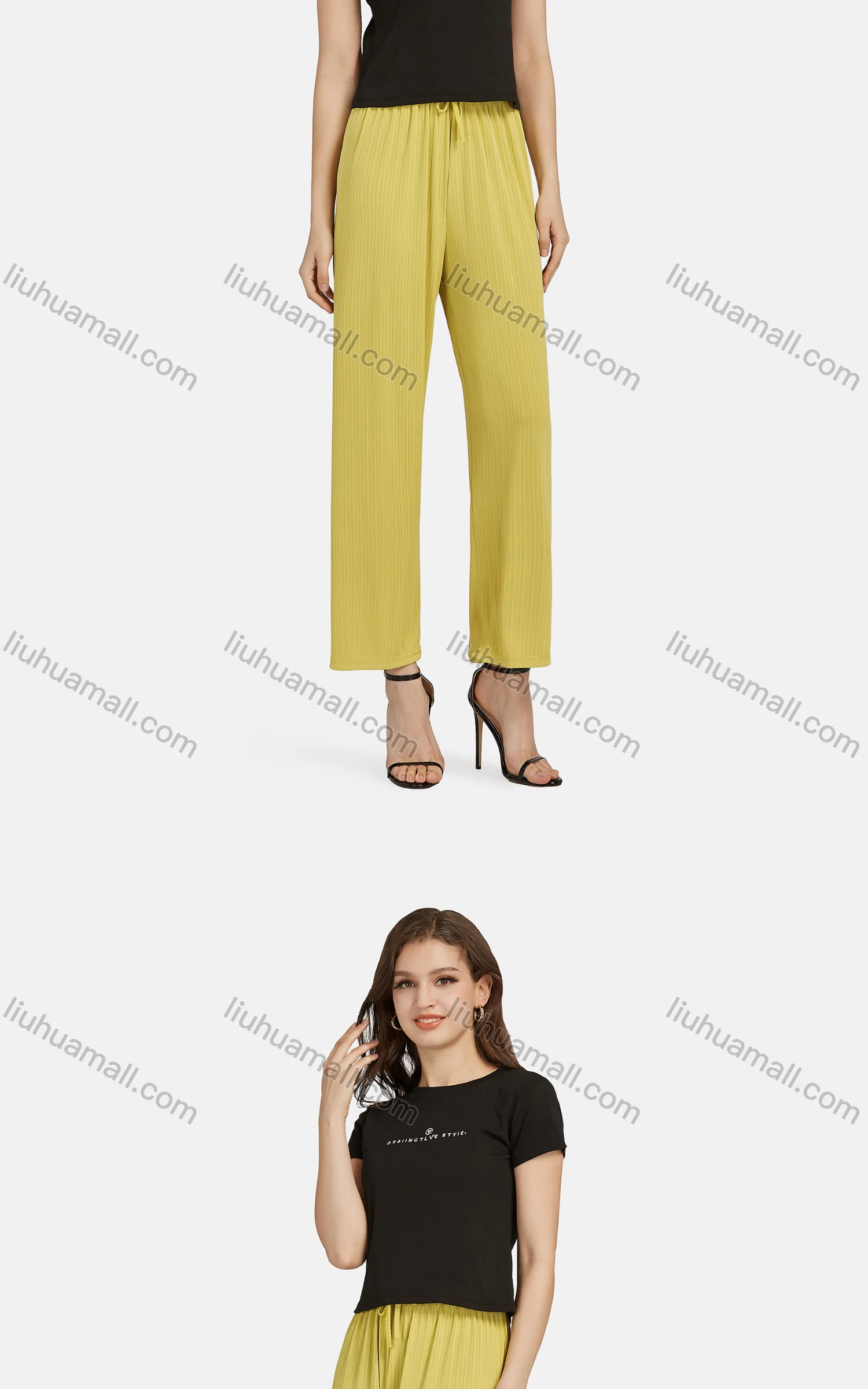 Wholesale Women's Casual High Waist Drawstring Rib-Knit Plain Wide Leg Pants 2017# - Liuhuamall