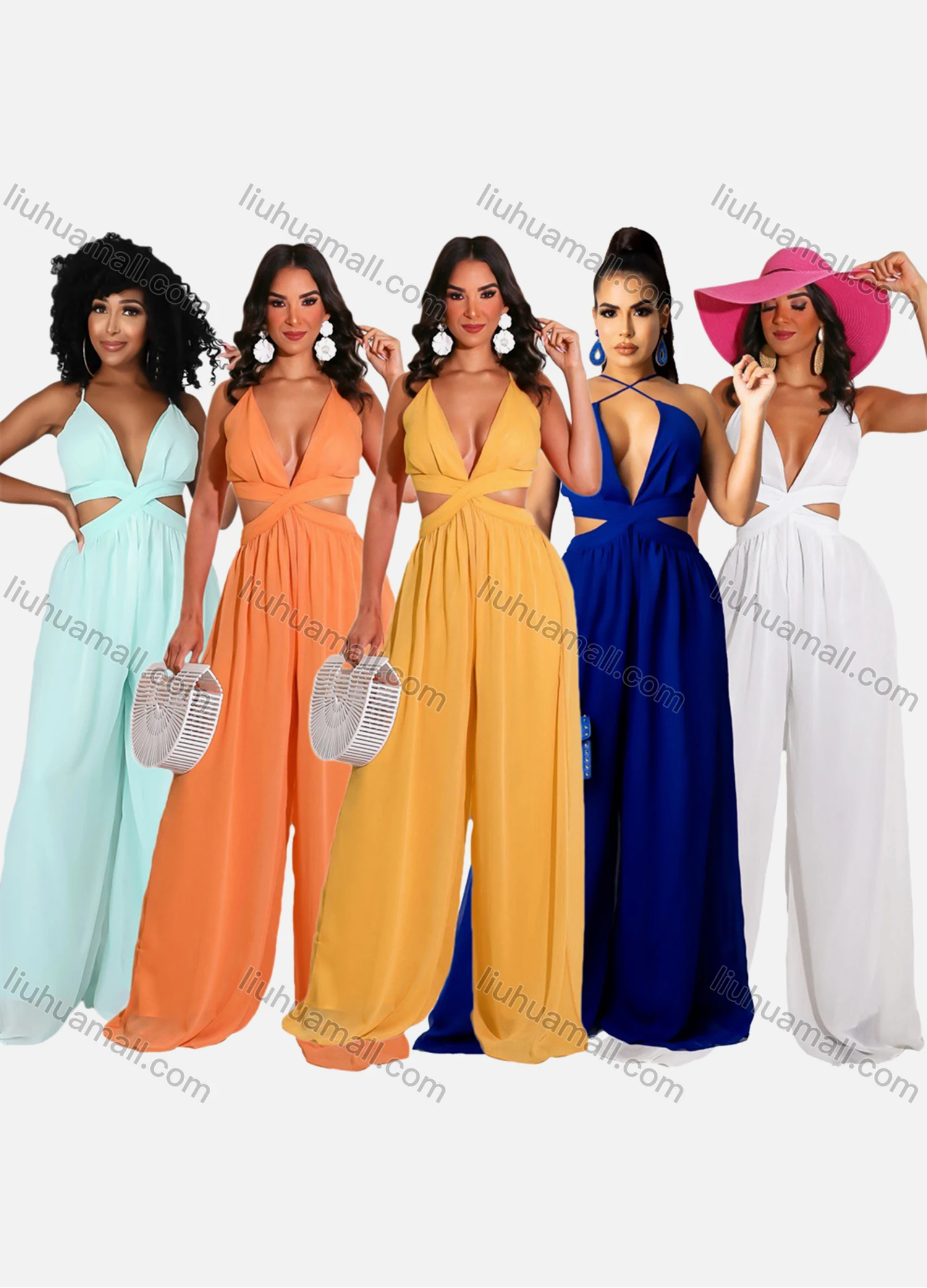 Wholesale Women's Sexy Plain Deep V Neck Crossover Cut Out Wide Leg Floor Length Jumpsuit - Liuhuamall