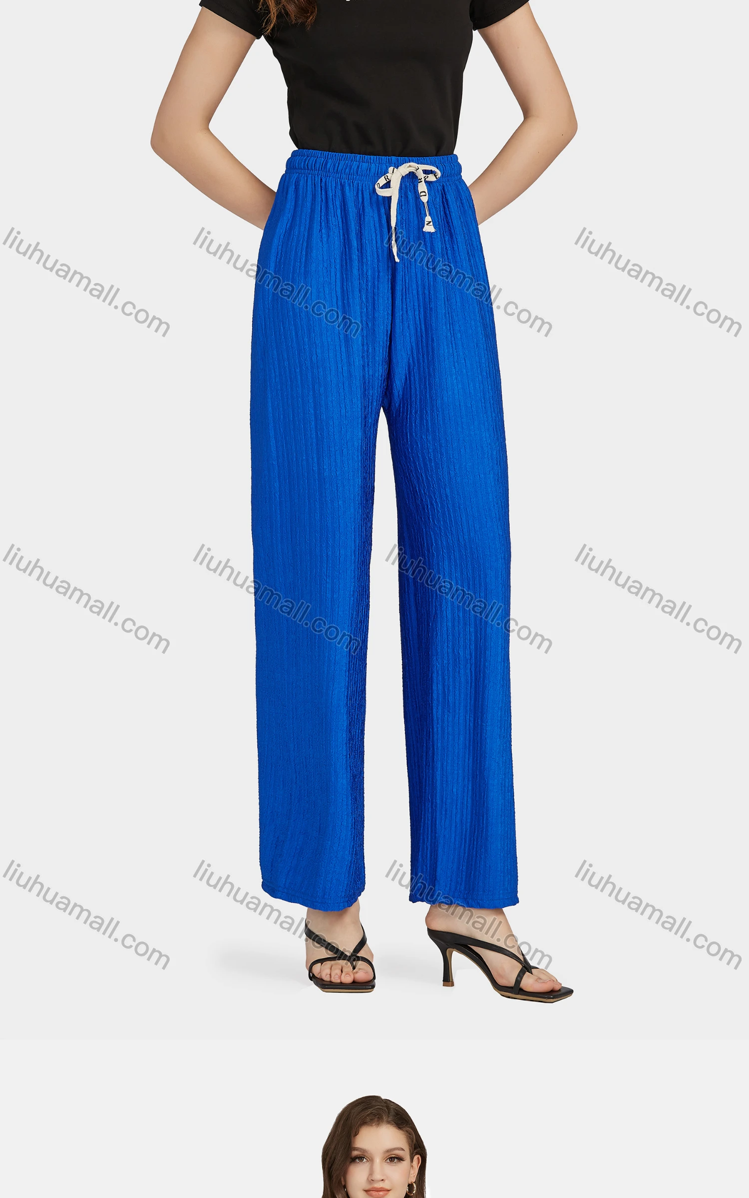 Wholesale Women's Casual High Waist Drawstring Rib-Knit Plain Wide Leg Pants 2018# - Liuhuamall