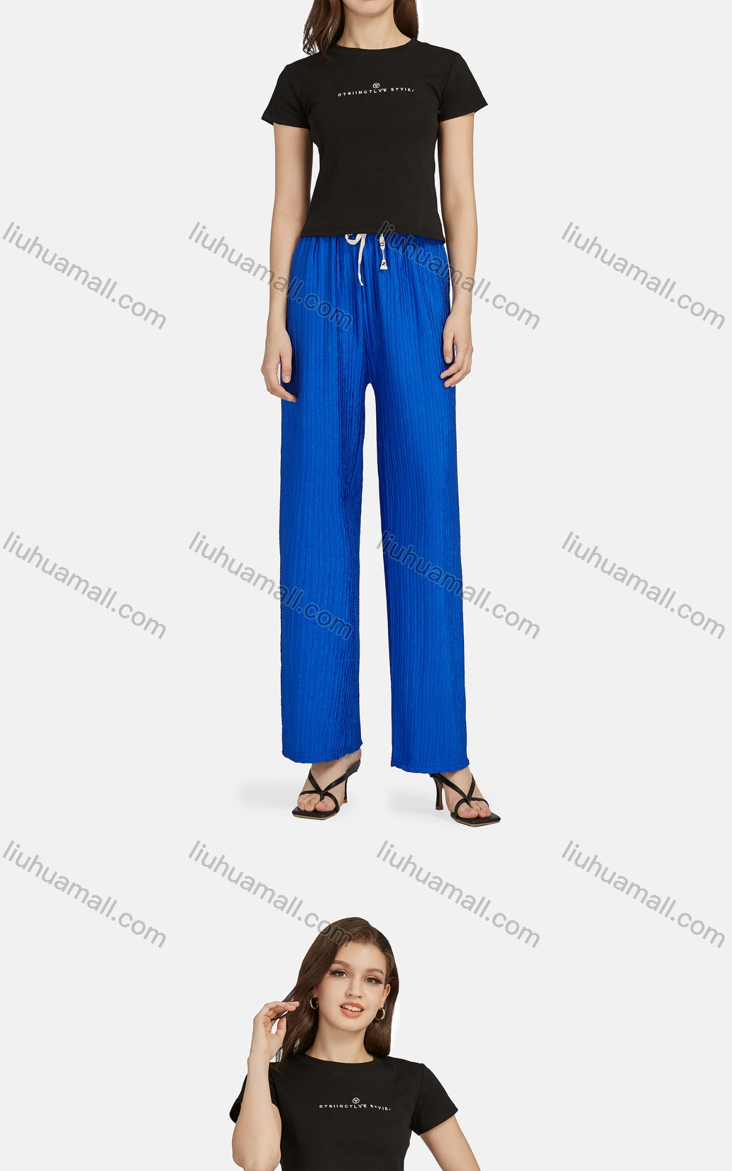 Wholesale Women's Casual High Waist Drawstring Rib-Knit Plain Wide Leg Pants 2018# - Liuhuamall