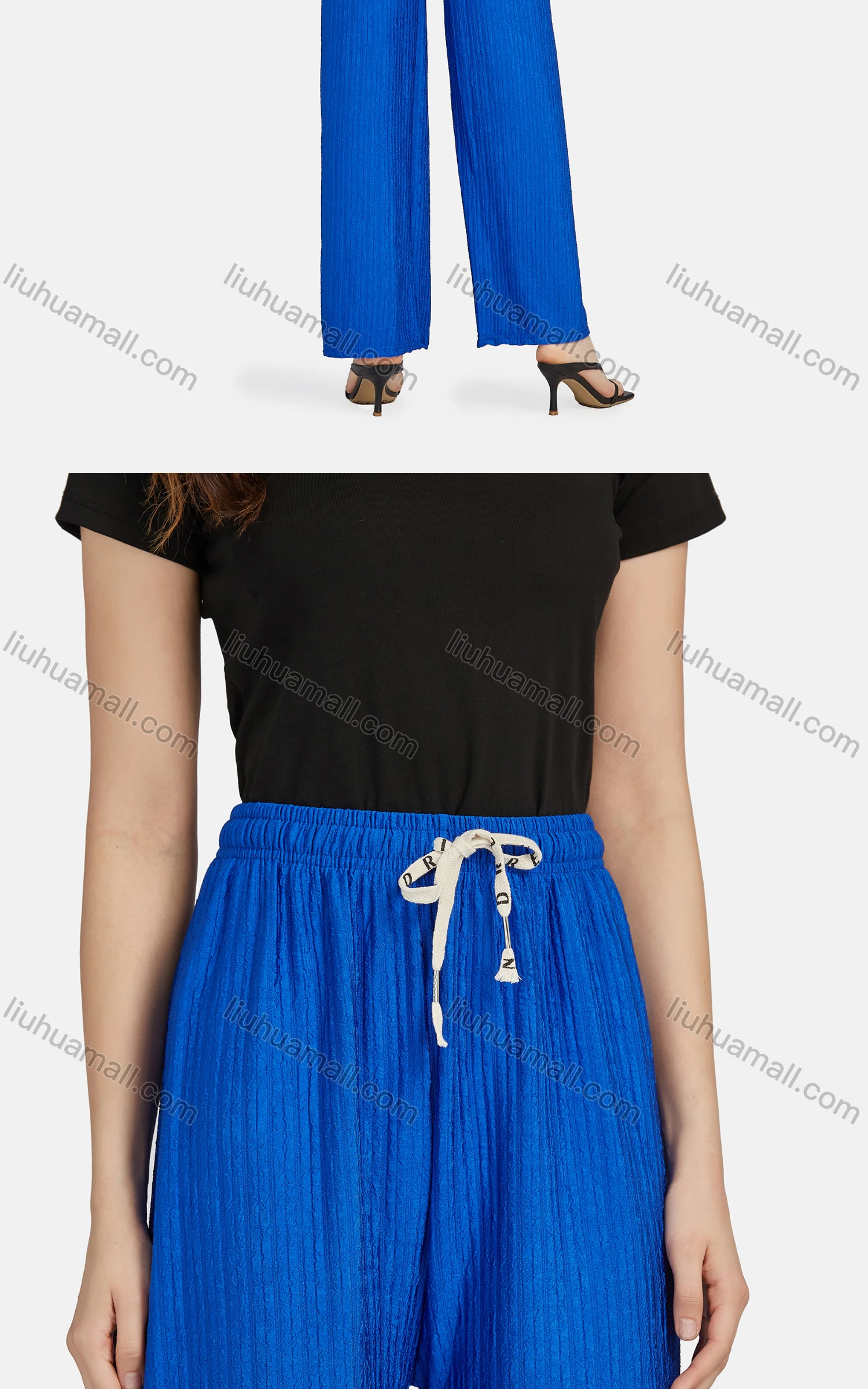 Wholesale Women's Casual High Waist Drawstring Rib-Knit Plain Wide Leg Pants 2018# - Liuhuamall