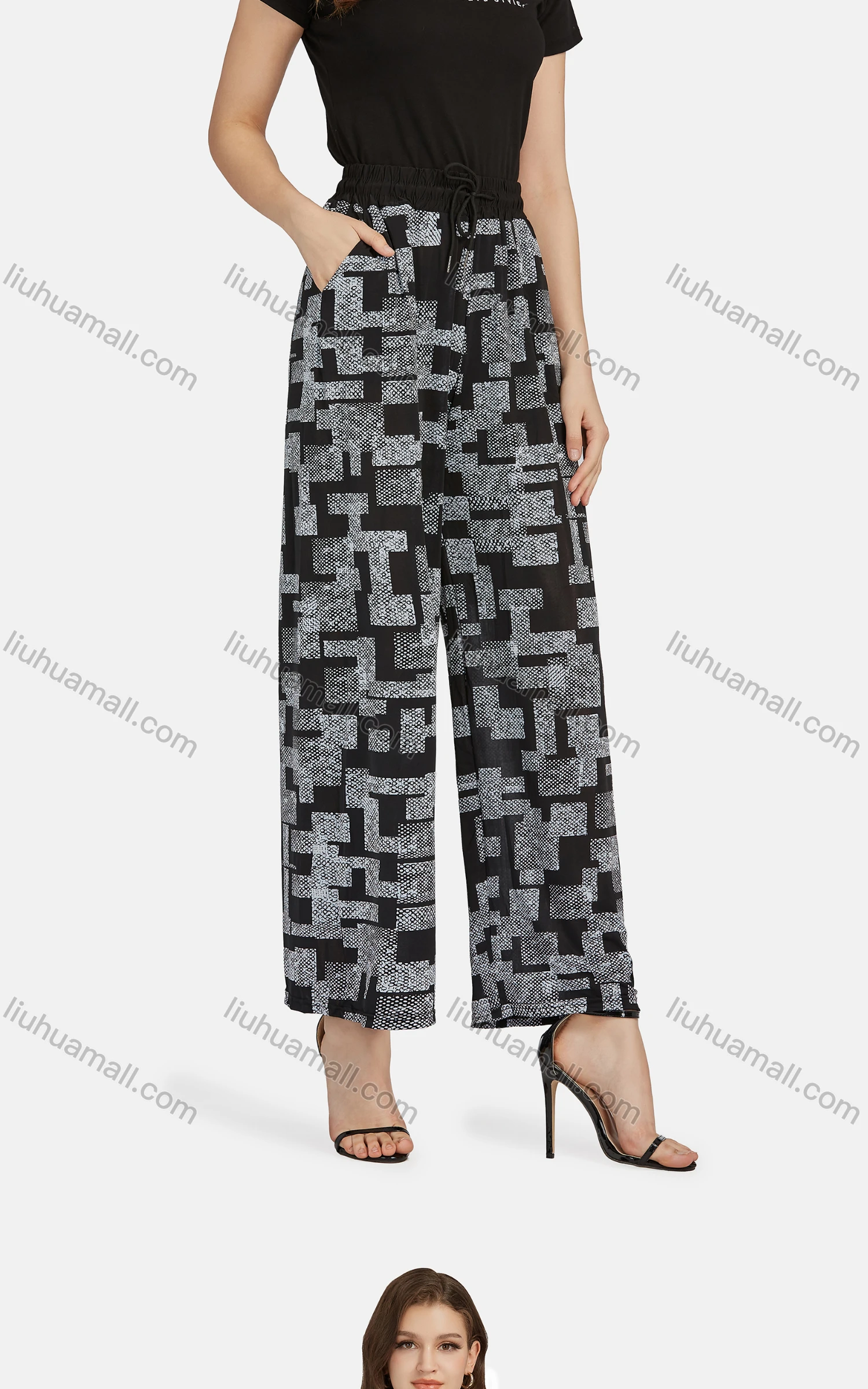 Wholesale Women's Casual High Waist Drawstring Rib-Knit Geo Wide Leg Pants 2016# - Liuhuamall