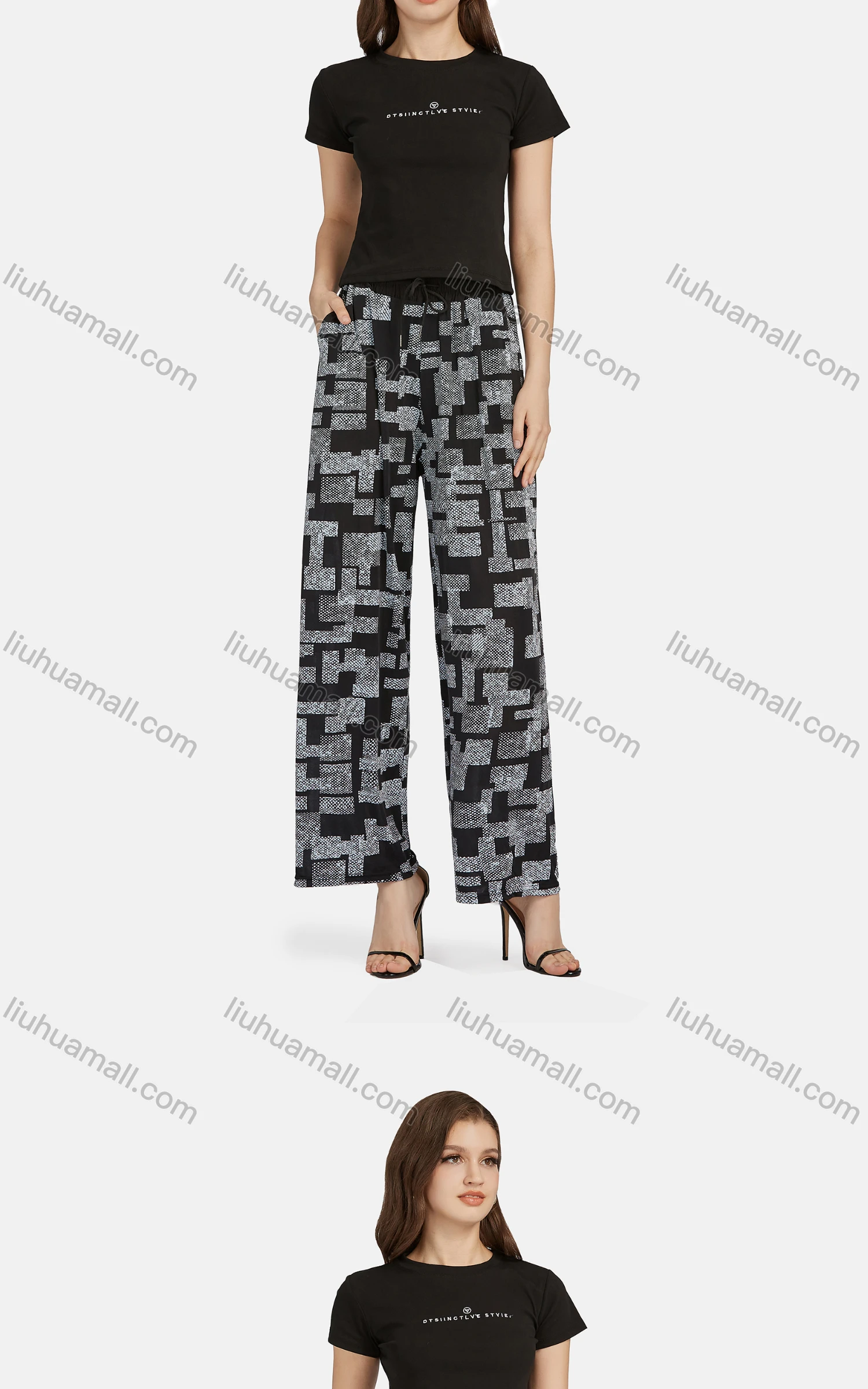 Wholesale Women's Casual High Waist Drawstring Rib-Knit Geo Wide Leg Pants 2016# - Liuhuamall