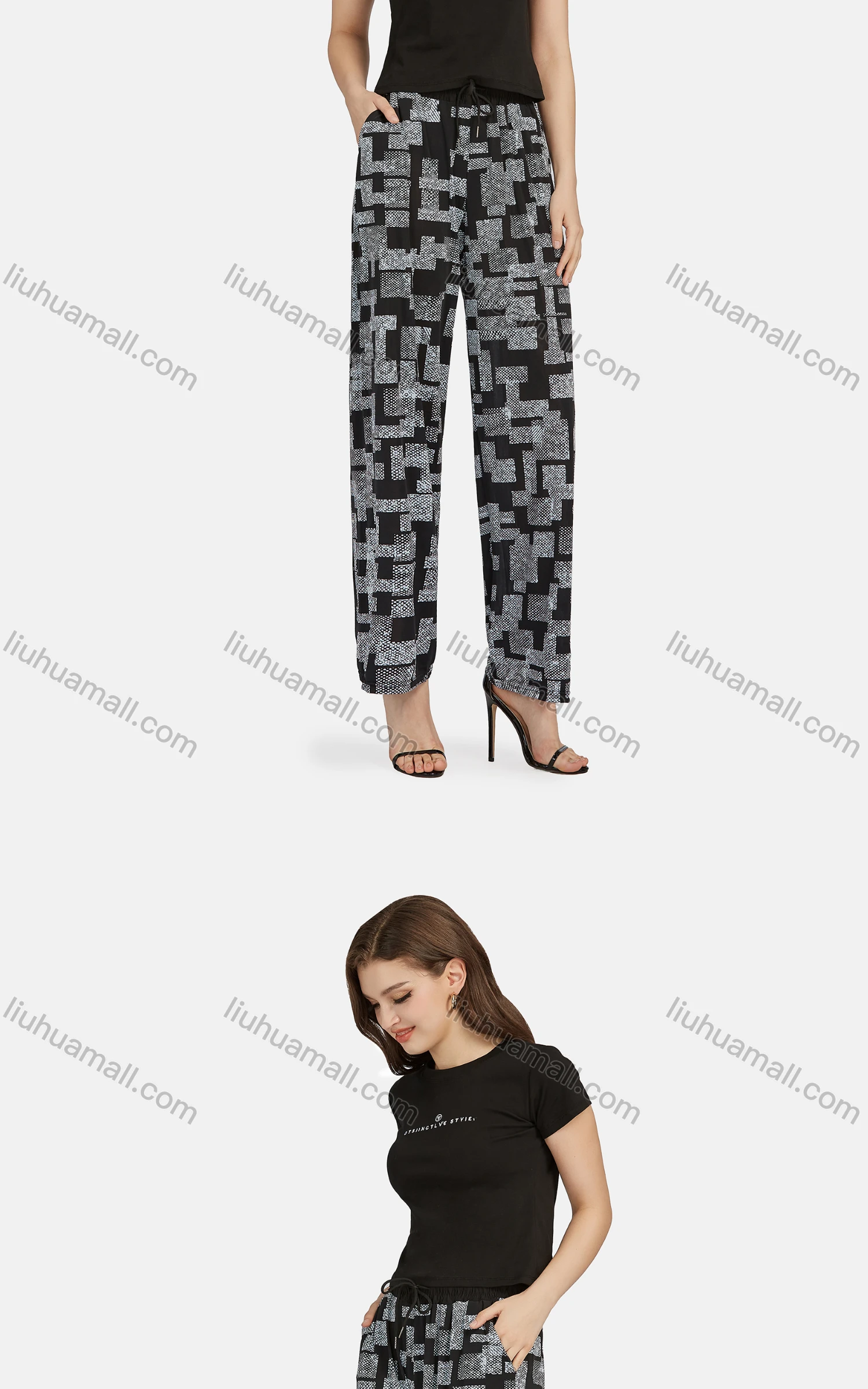 Wholesale Women's Casual High Waist Drawstring Rib-Knit Geo Wide Leg Pants 2016# - Liuhuamall