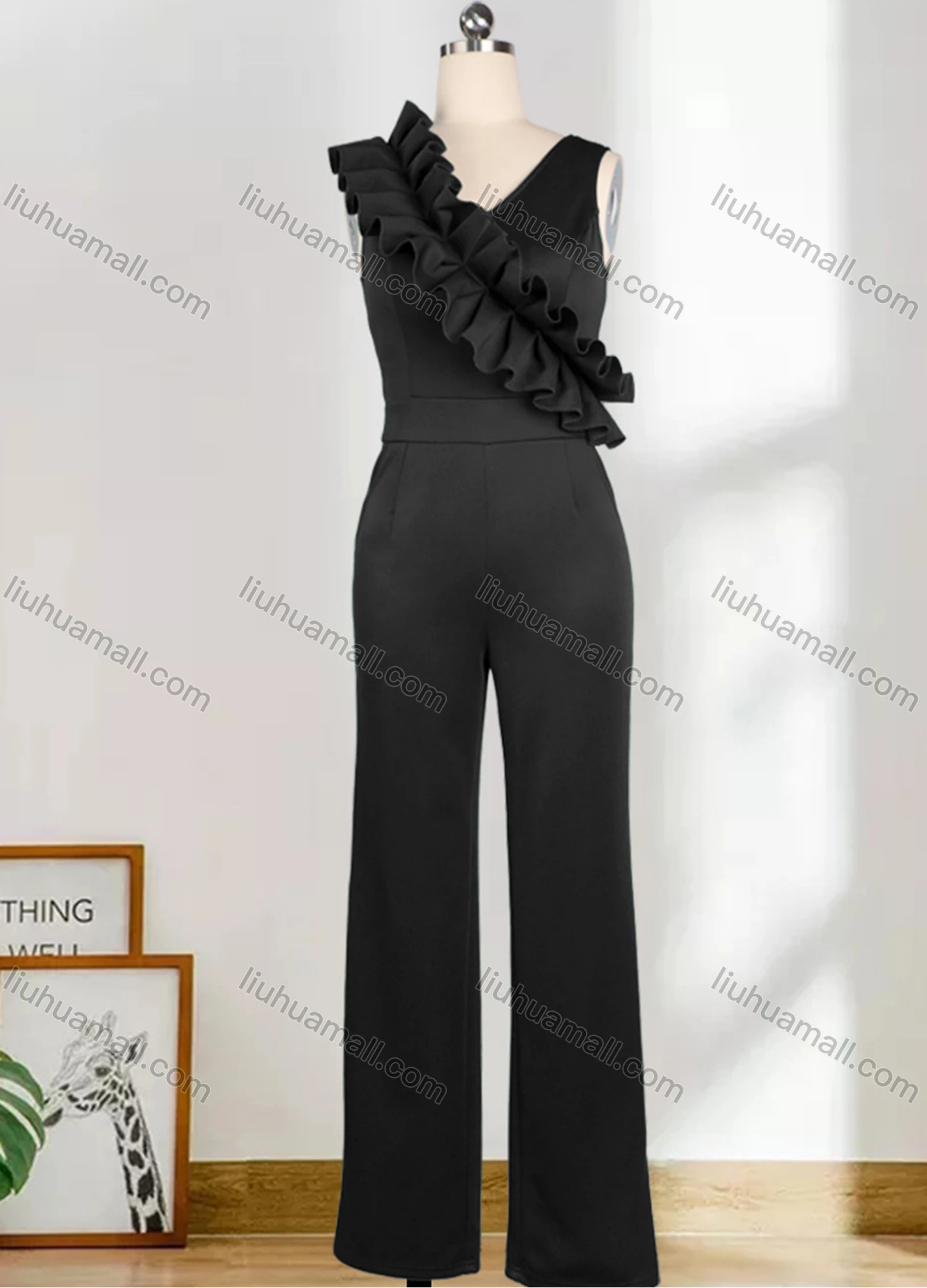 Wholesale Women's Plain Ruffle Trim High Waist Deep V Neck Side Pockets Wide Leg Tank Jumpsuit - Liuhuamall