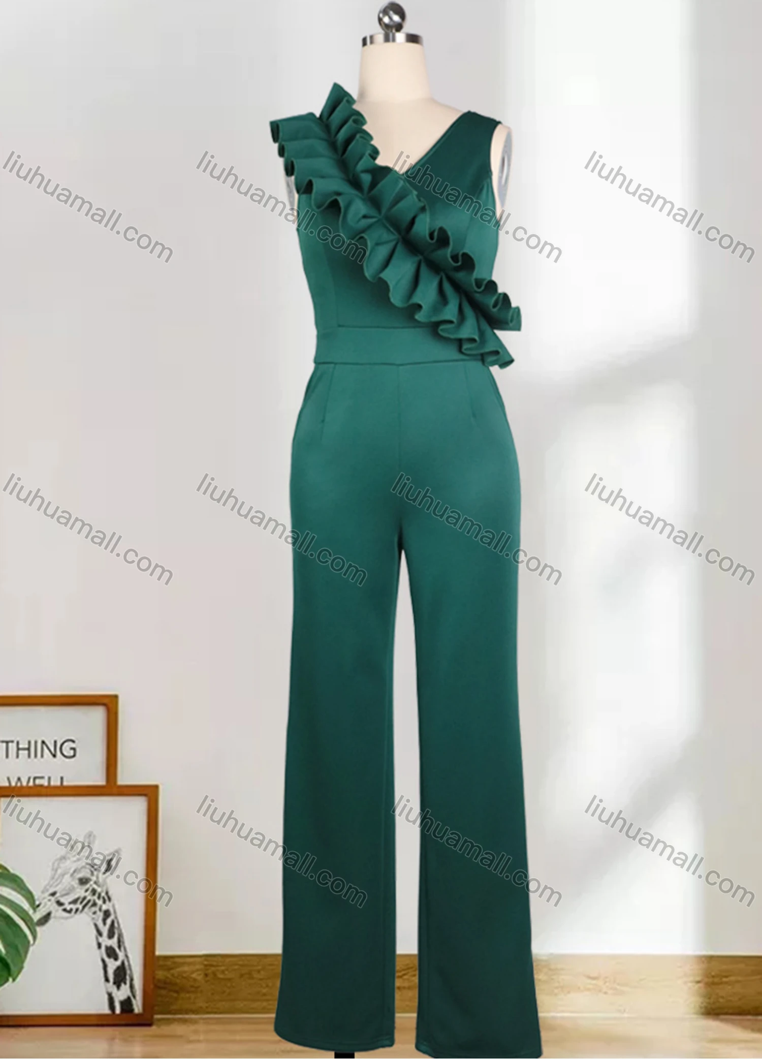 Wholesale Women's Plain Ruffle Trim High Waist Deep V Neck Side Pockets Wide Leg Tank Jumpsuit - Liuhuamall