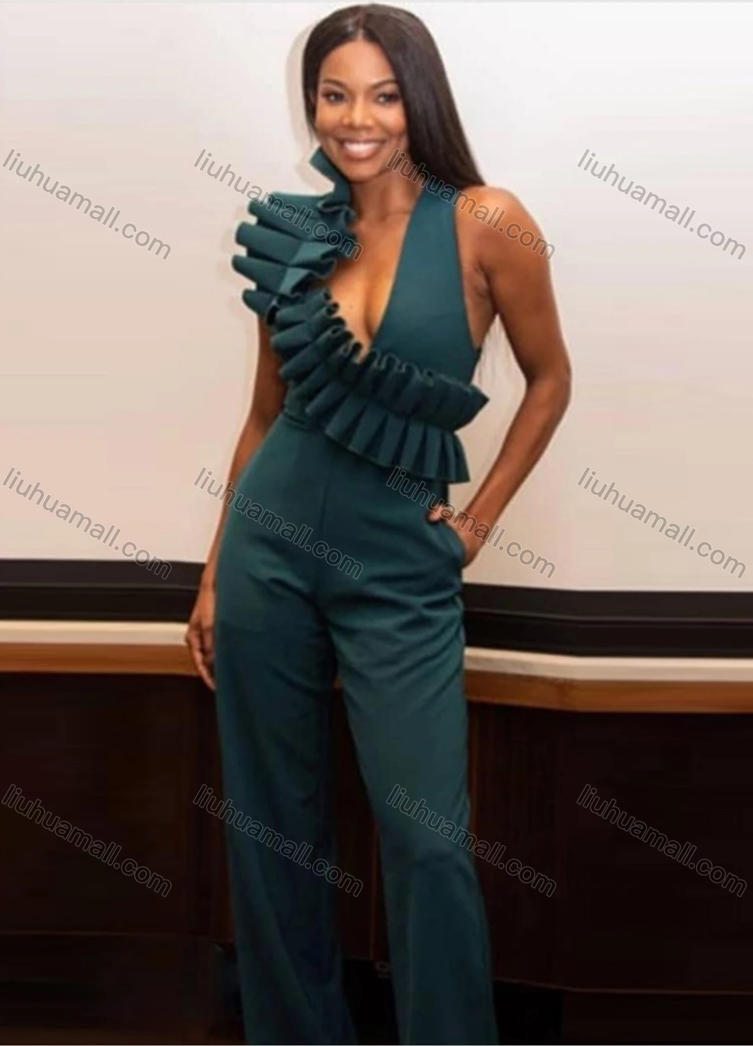 Wholesale Women's Plain Ruffle Trim High Waist Deep V Neck Side Pockets Wide Leg Tank Jumpsuit - Liuhuamall