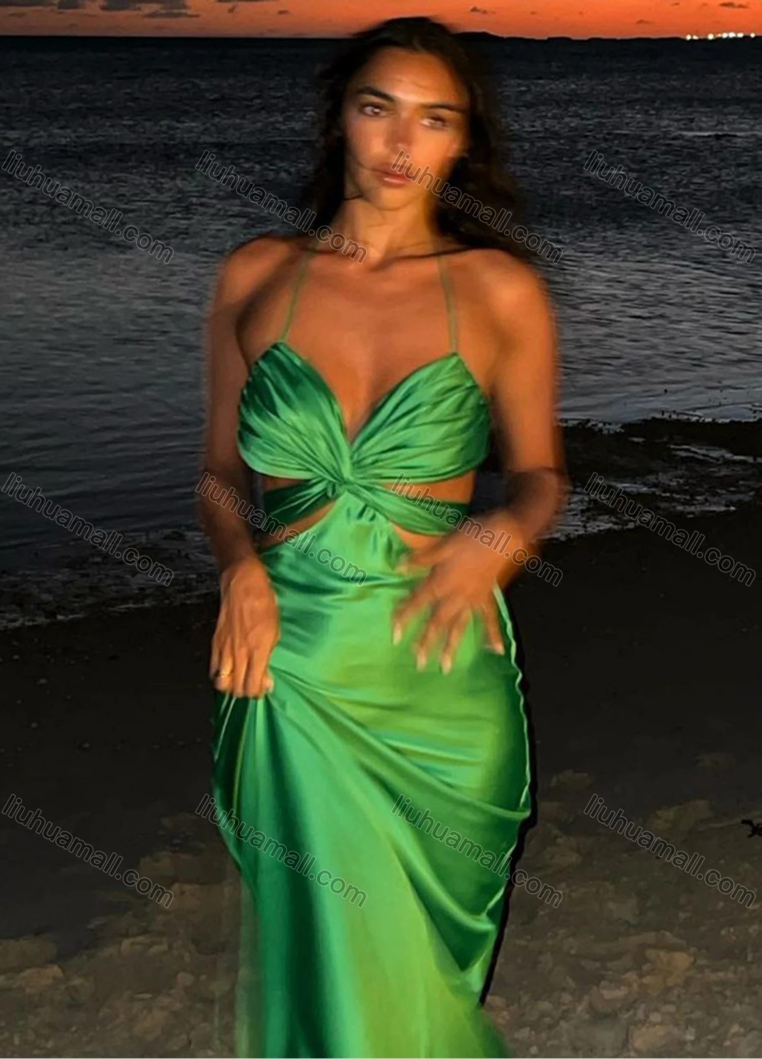 Wholesale Women's Sexy Plain Spaghetti Straps Crossover Halter Backless Lace Up Tie Back Bodycon Ruffle Hem Night Club Maxi Dress - Liuhuamall