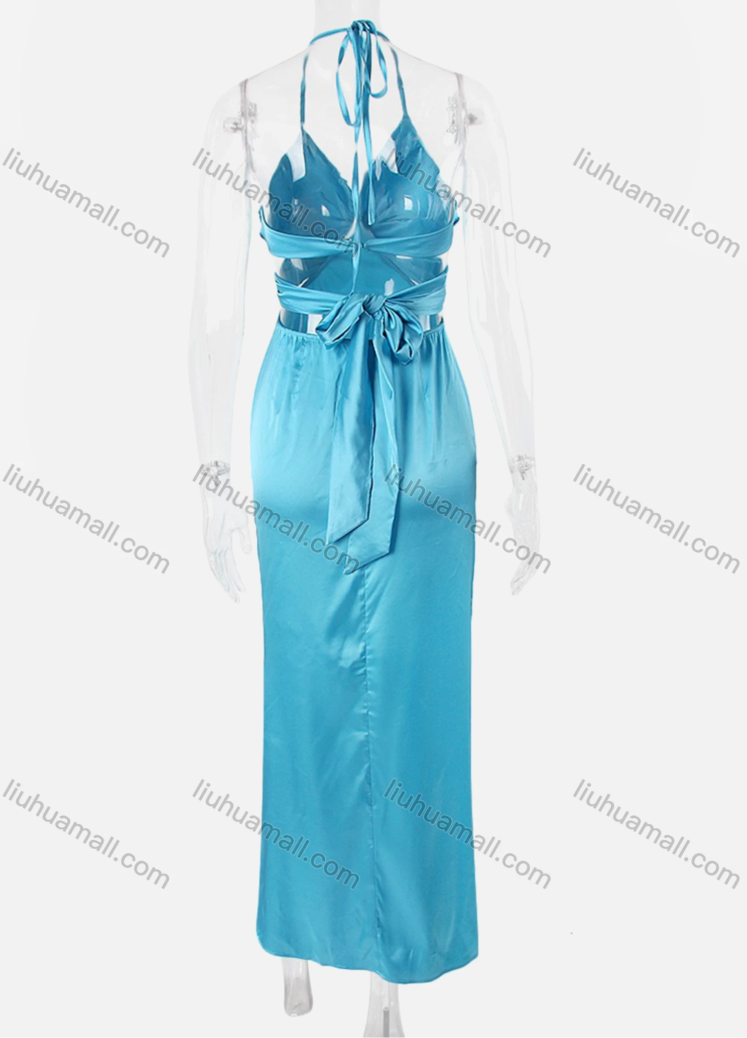 Wholesale Women's Sexy Plain Spaghetti Straps Crossover Halter Backless Lace Up Tie Back Bodycon Ruffle Hem Night Club Maxi Dress - Liuhuamall