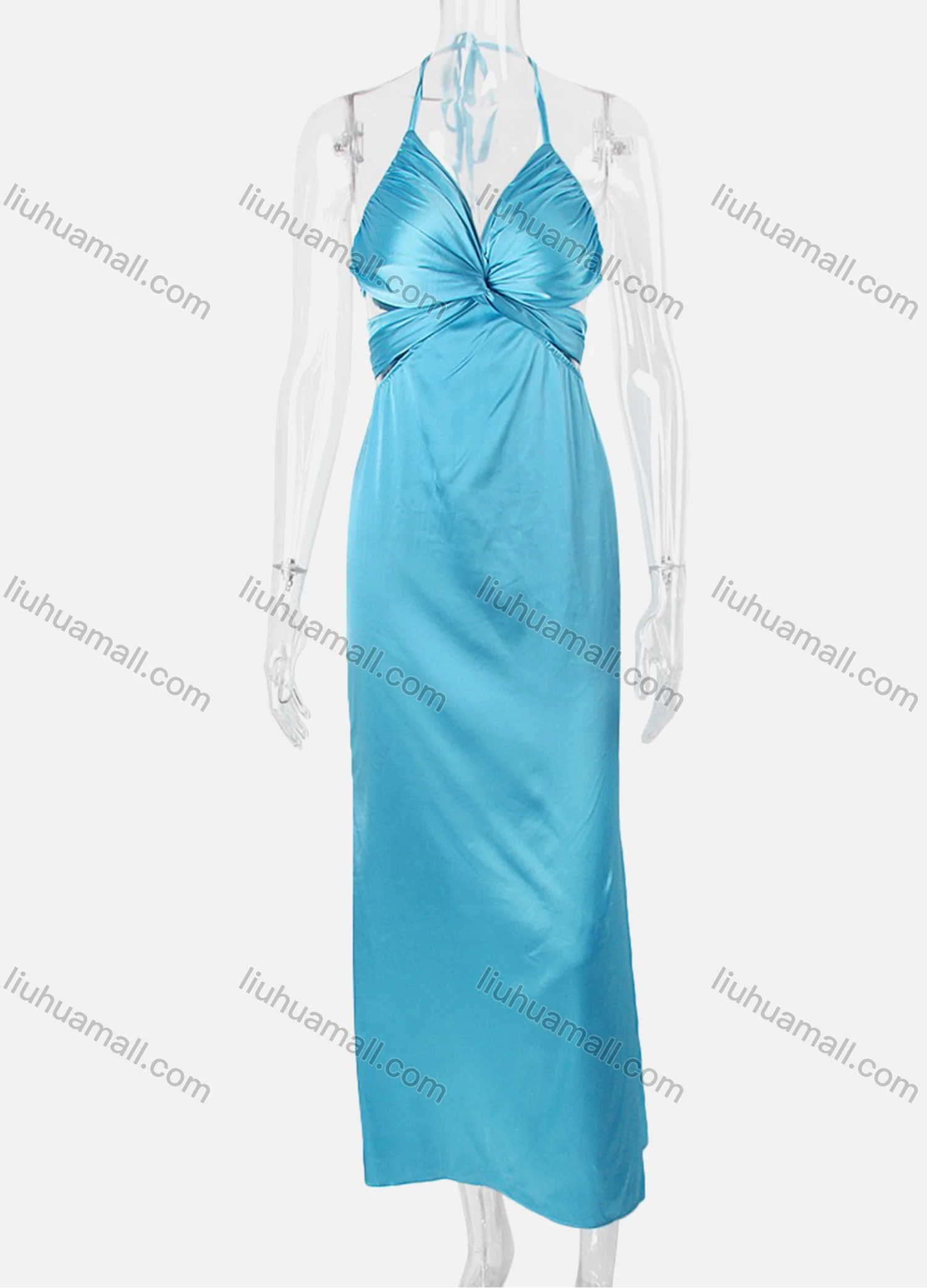 Wholesale Women's Sexy Plain Spaghetti Straps Crossover Halter Backless Lace Up Tie Back Bodycon Ruffle Hem Night Club Maxi Dress - Liuhuamall