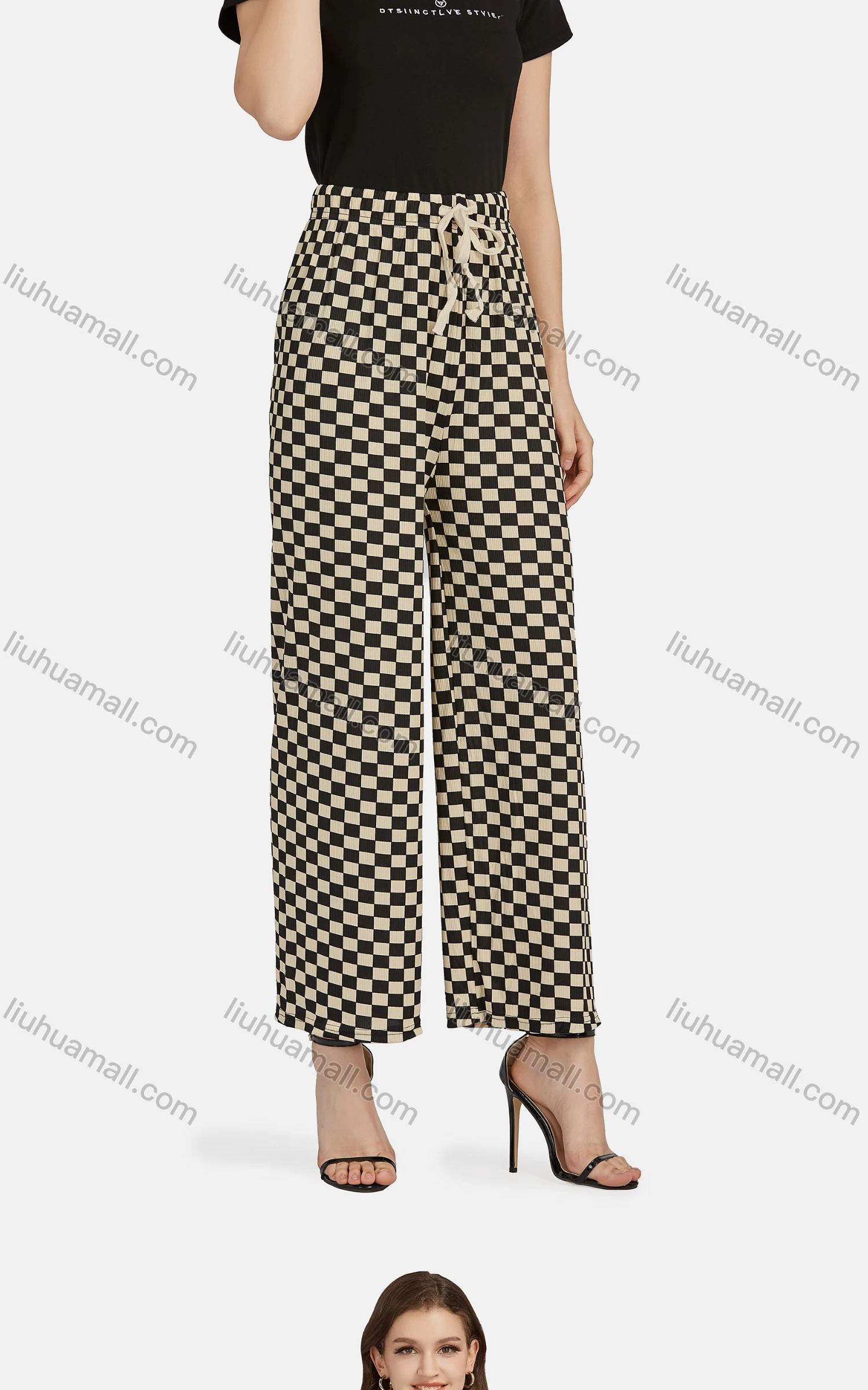 Wholesale Women's Casual High Waist Drawstring Checkerboard Wide Leg Pants 2201# - Liuhuamall