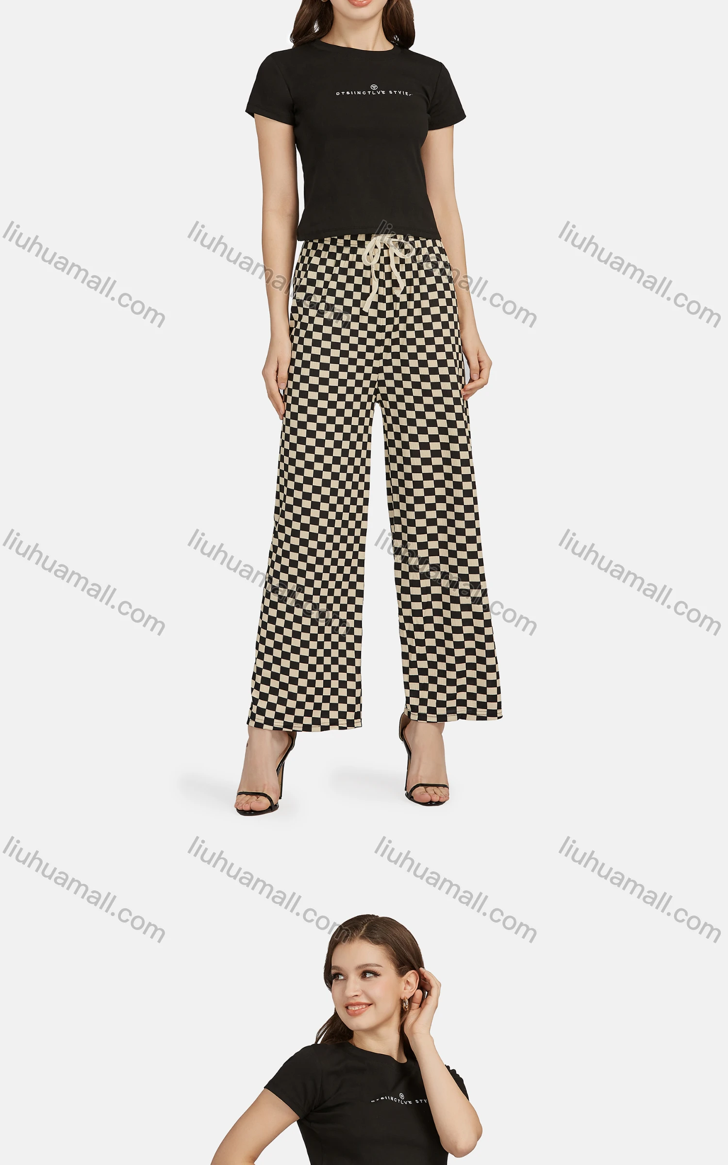 Wholesale Women's Casual High Waist Drawstring Checkerboard Wide Leg Pants 2201# - Liuhuamall