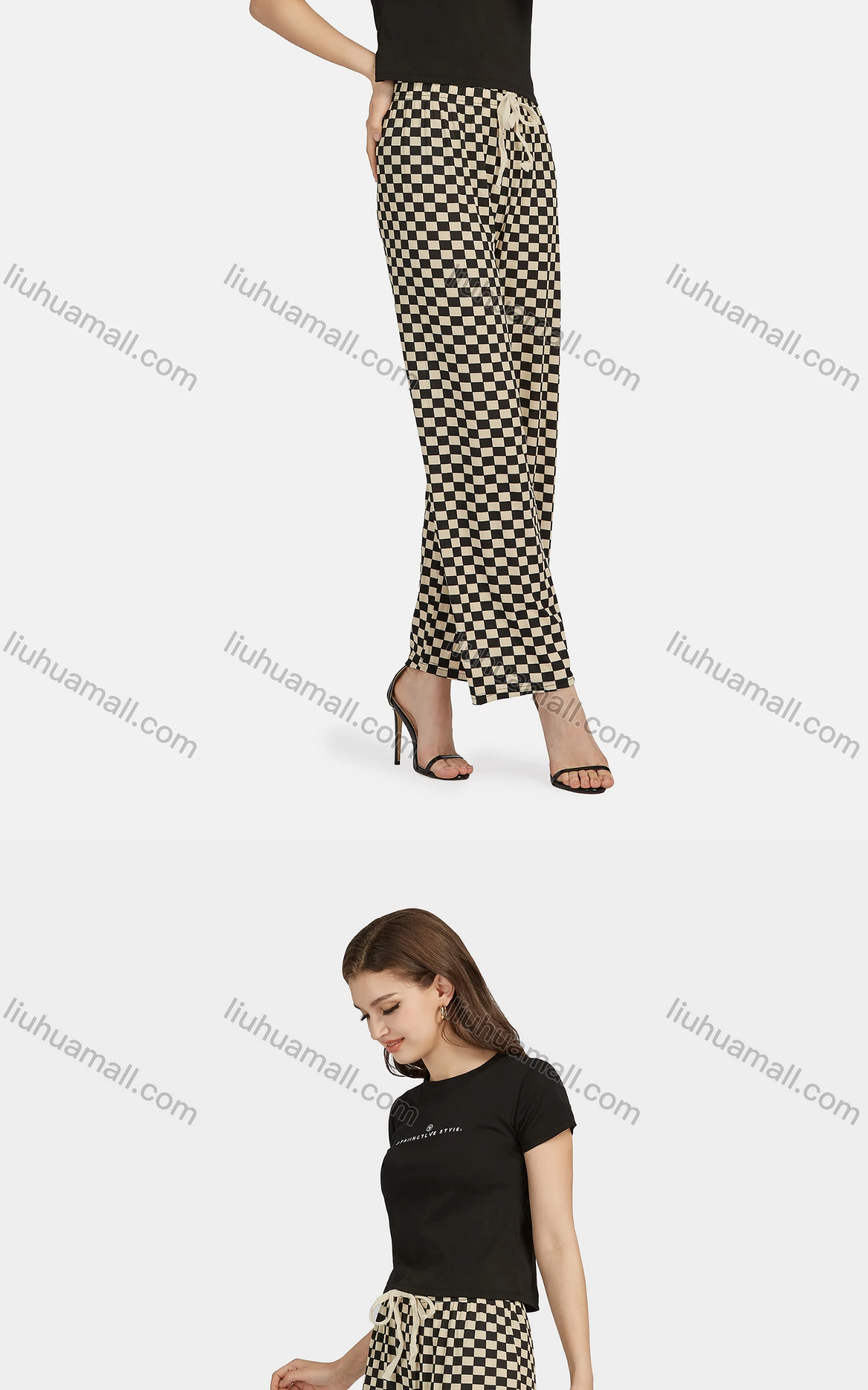 Wholesale Women's Casual High Waist Drawstring Checkerboard Wide Leg Pants 2201# - Liuhuamall